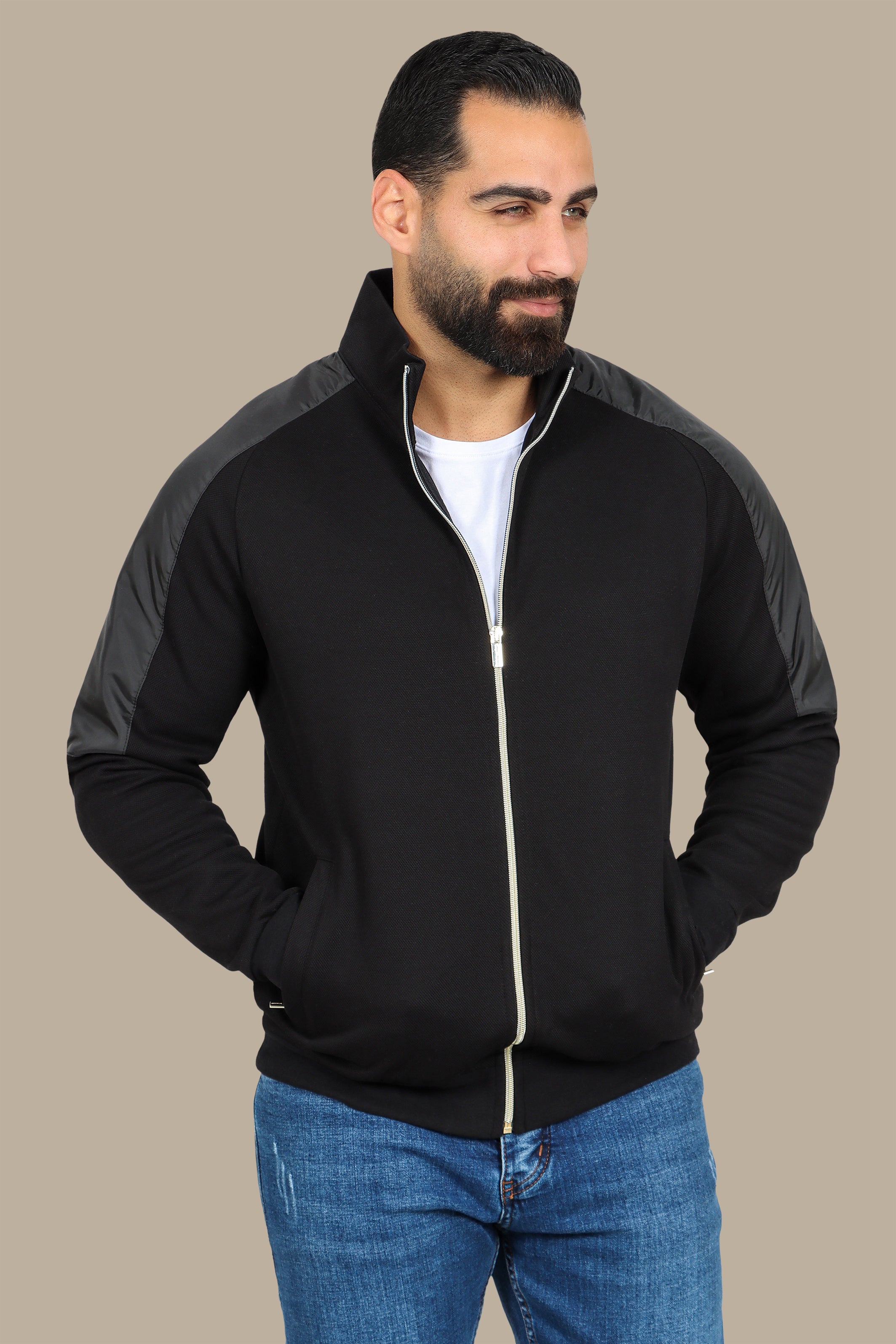 Black Full-Zip Cardigan with Mixed Shoulder Fabric