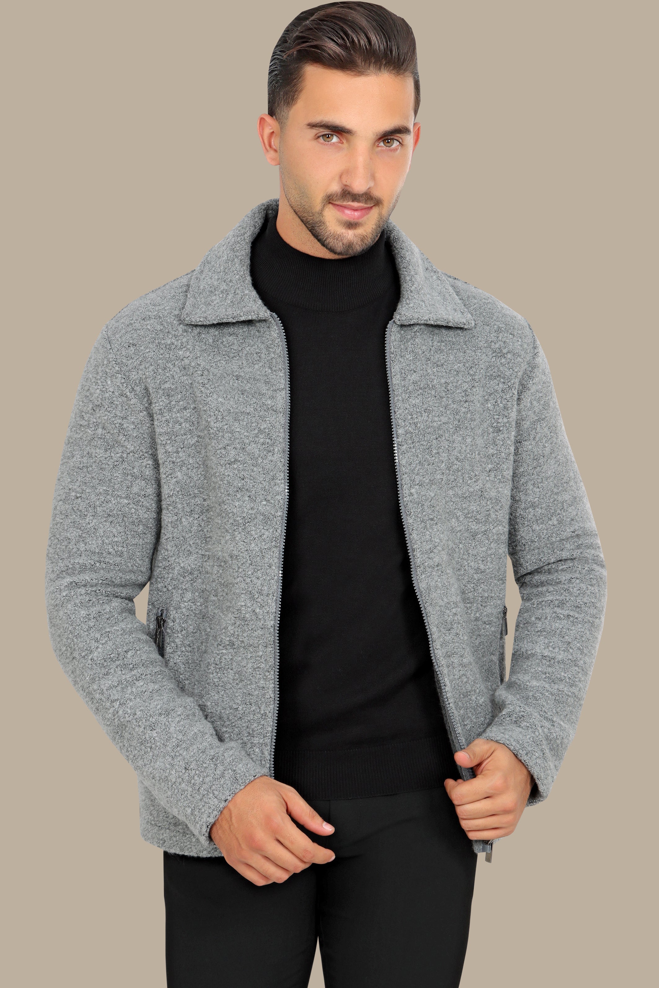 Grey Wool Jacket with Zipper – Elegant & Timeless