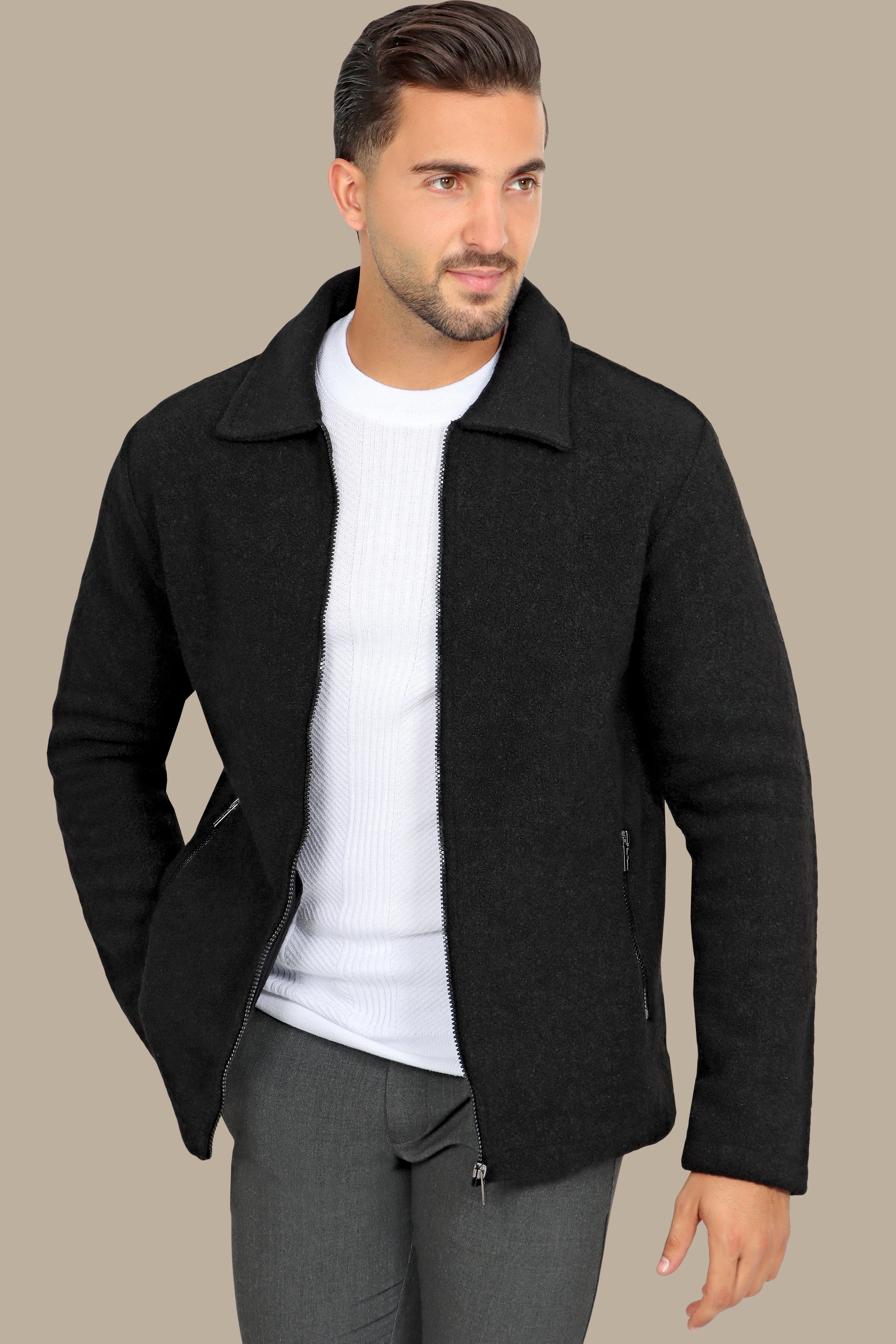 Black Wool Jacket with Zipper – Timeless & Refined