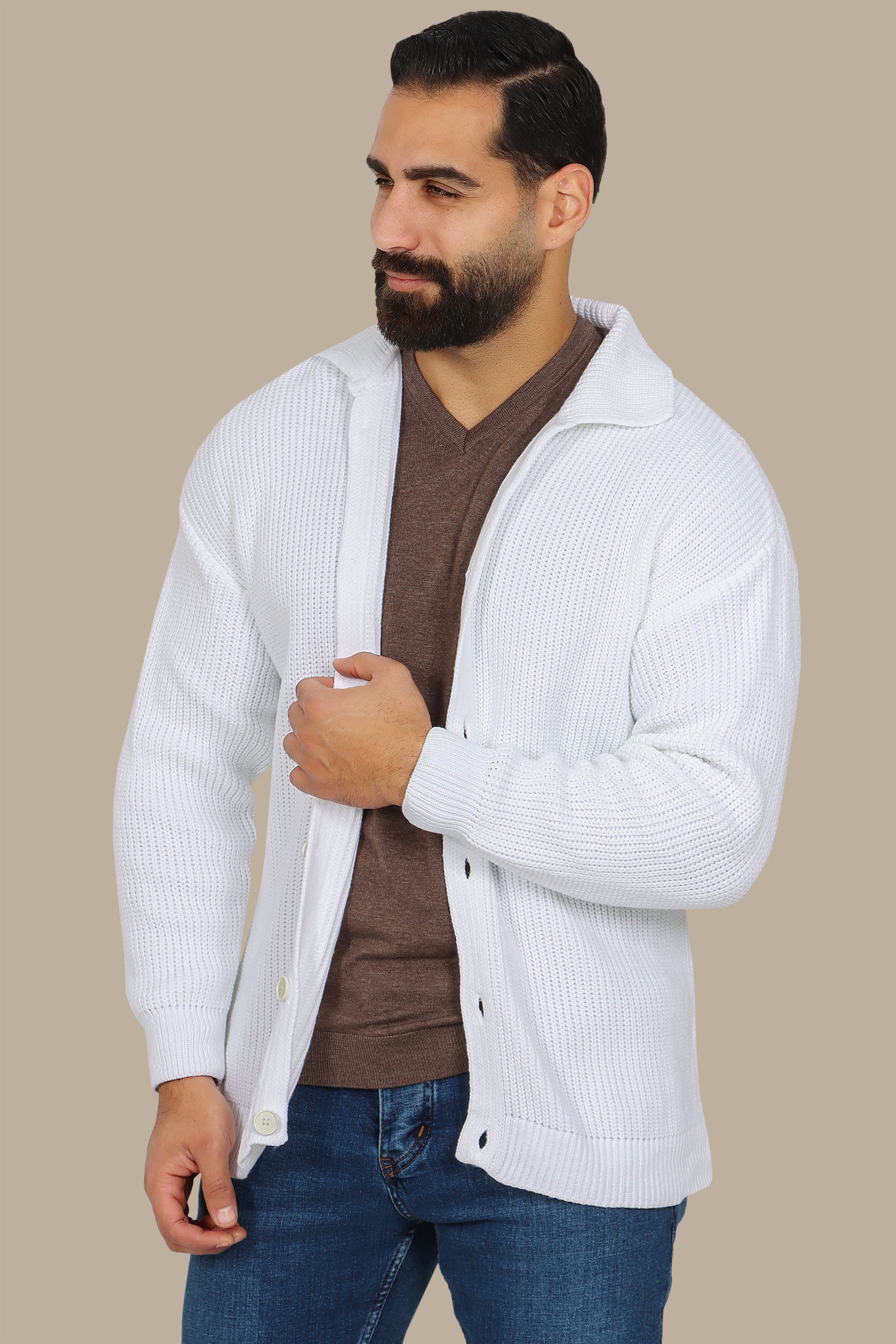 White Mercerized Cardigan with Full Buttons