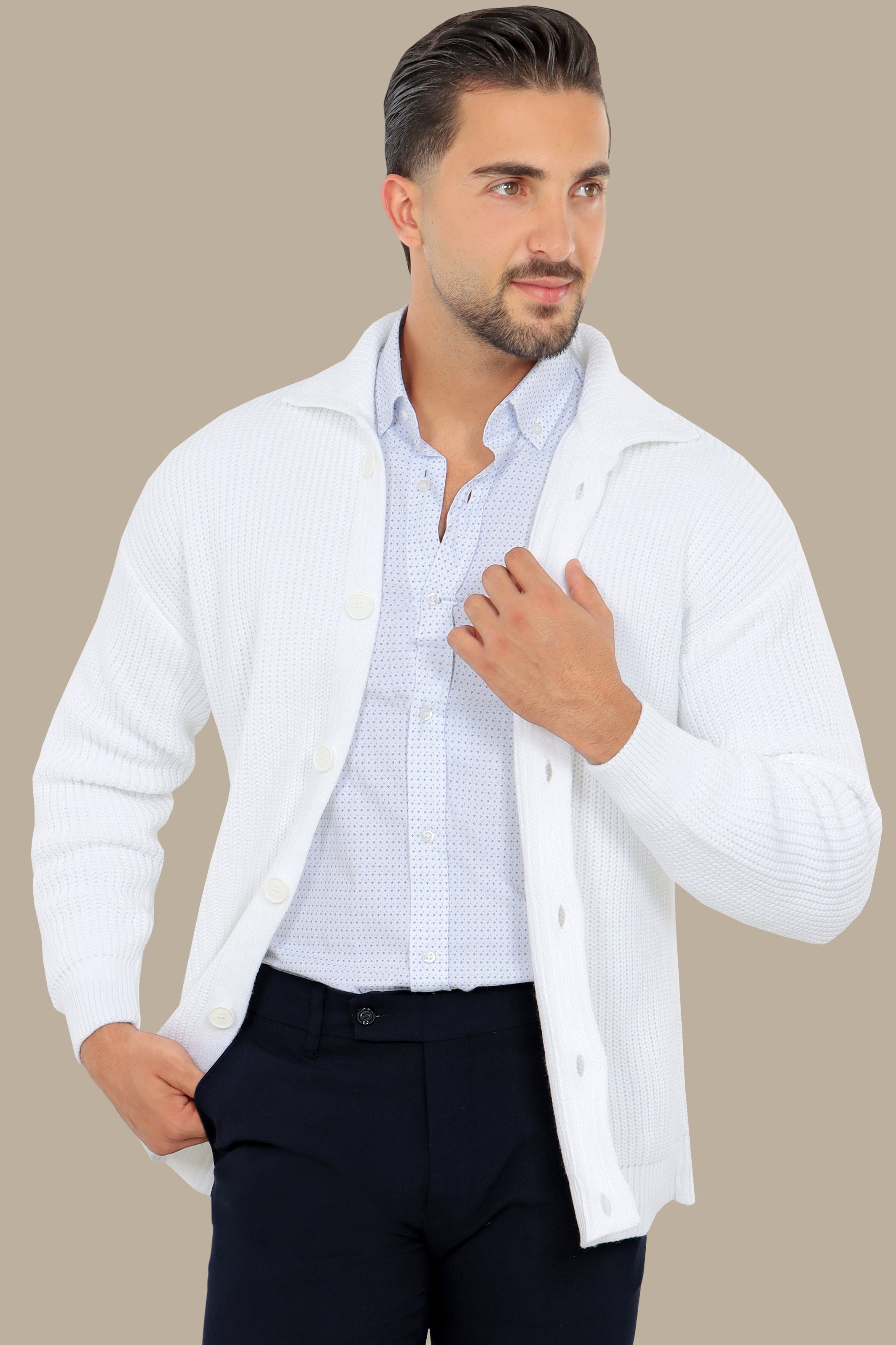 White Mercerized Cardigan with Full Buttons