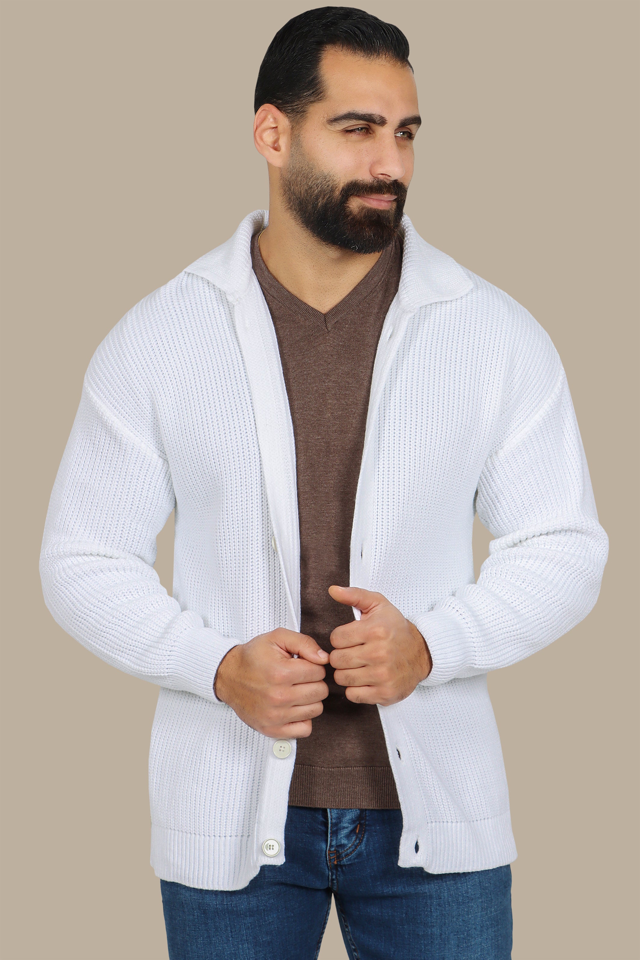 White Mercerized Cardigan with Full Buttons