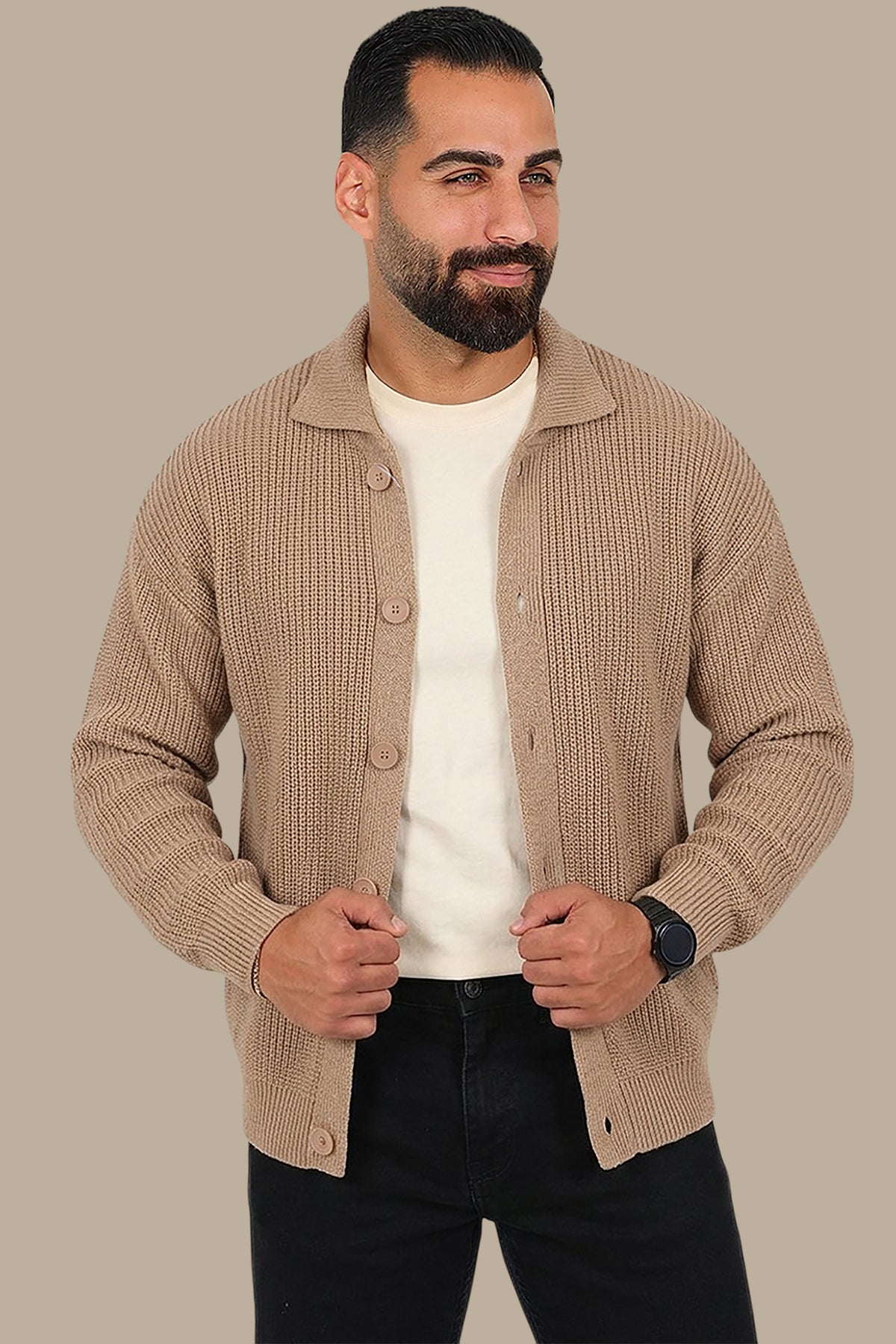 Beige Mercerized Full-Button Cardigan