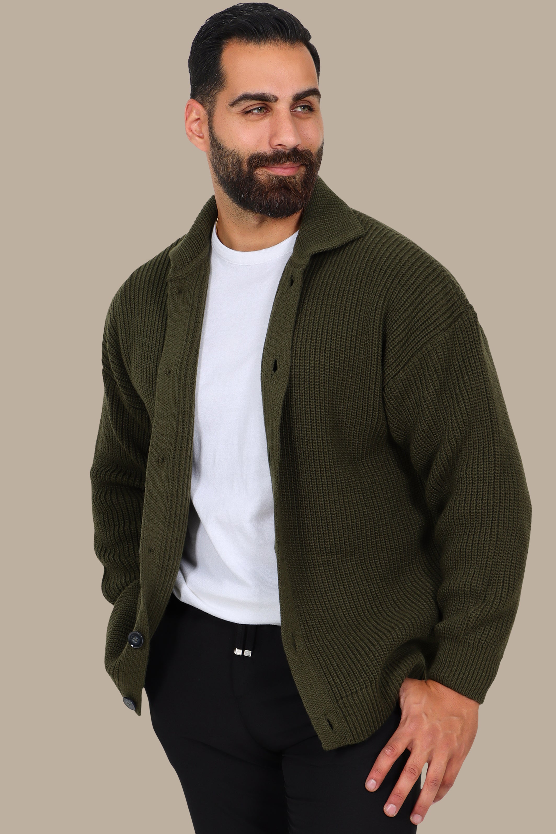 Mercerized Full-Button Cardigan Khaki