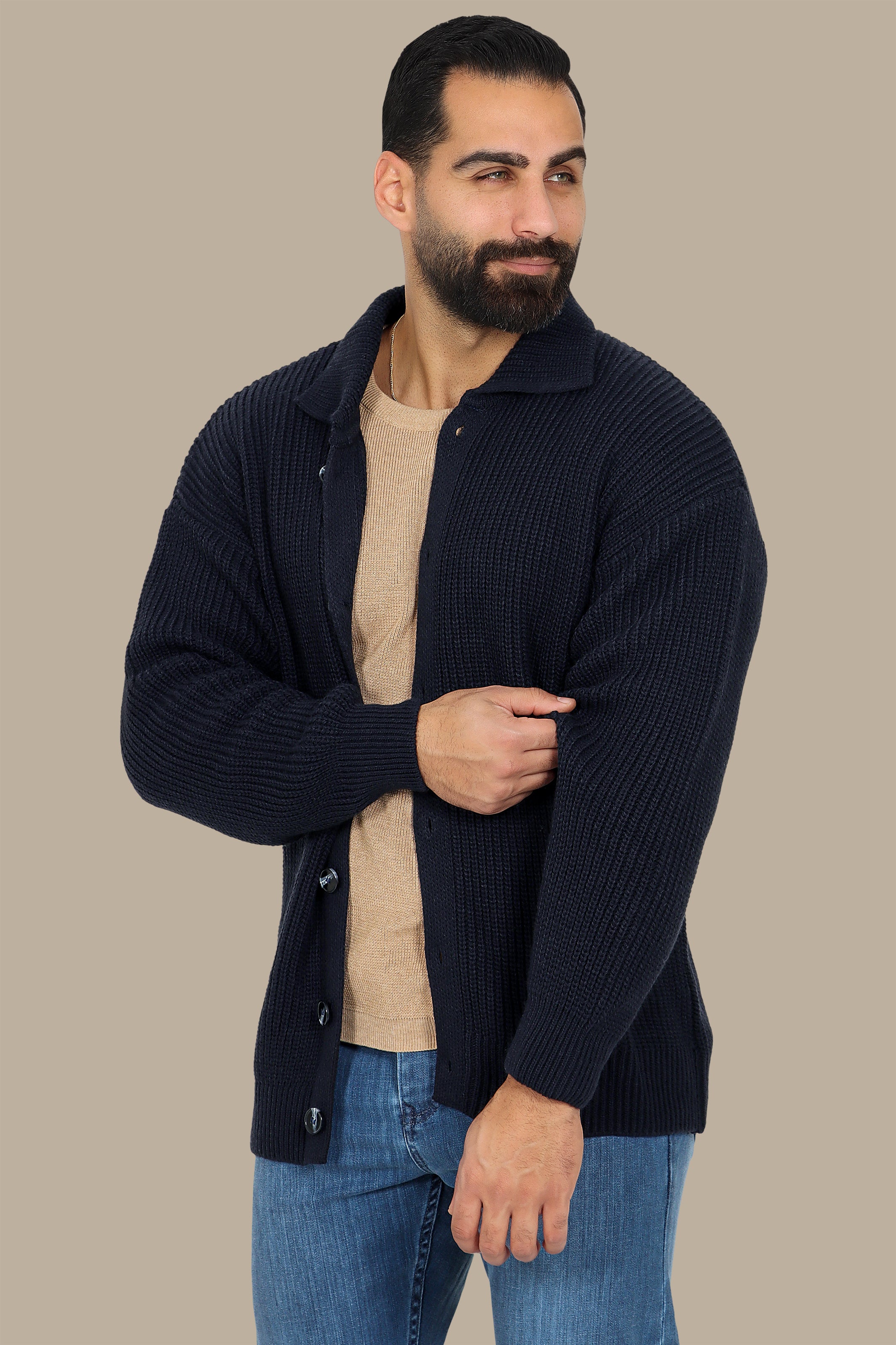 Navy Mercerized Cardigan with Full Buttons