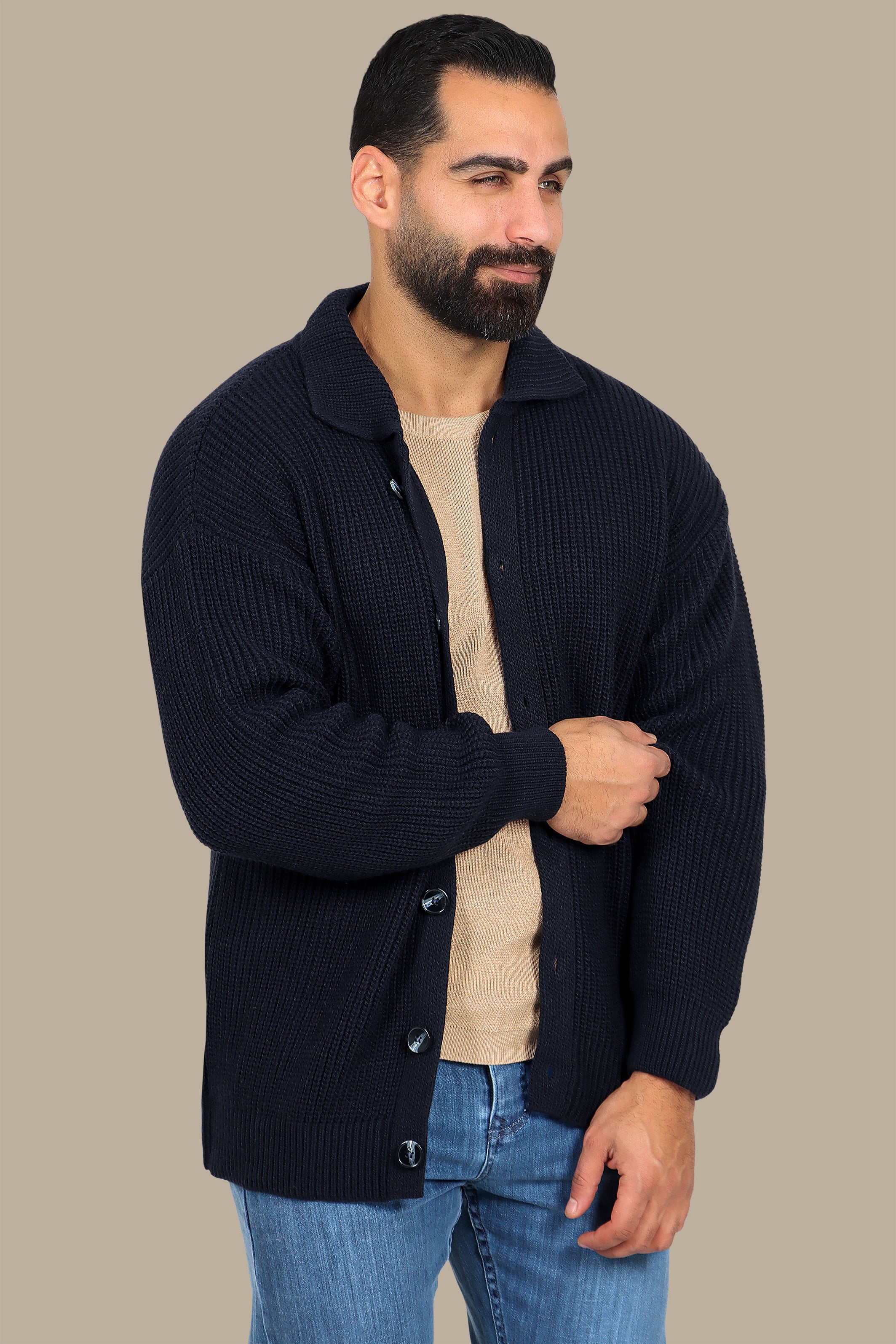 Navy Mercerized Cardigan with Full Buttons