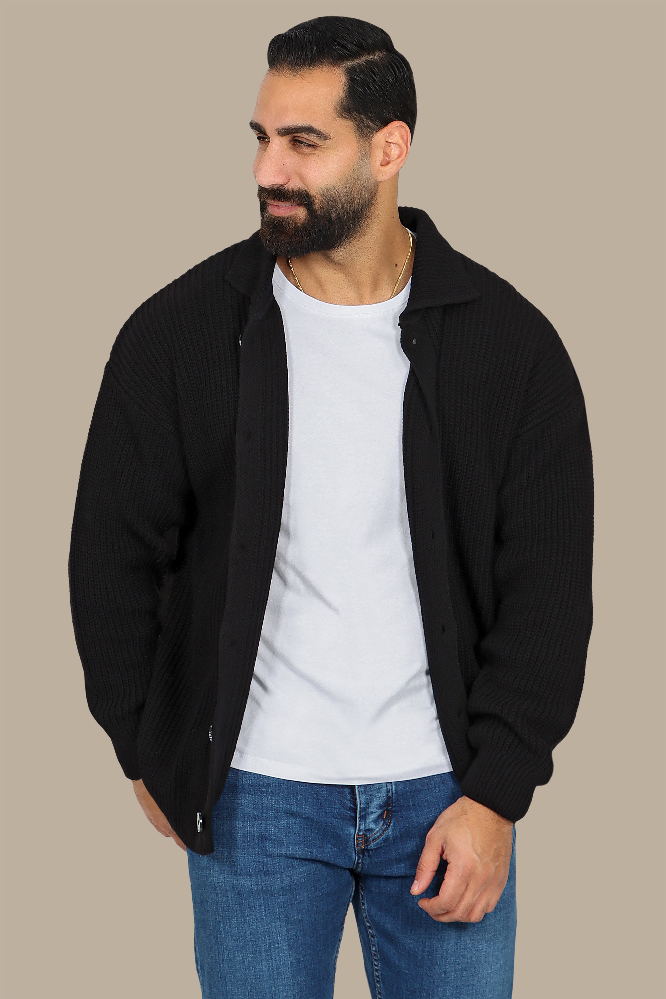 Black Mercerized Cardigan with Full Buttons