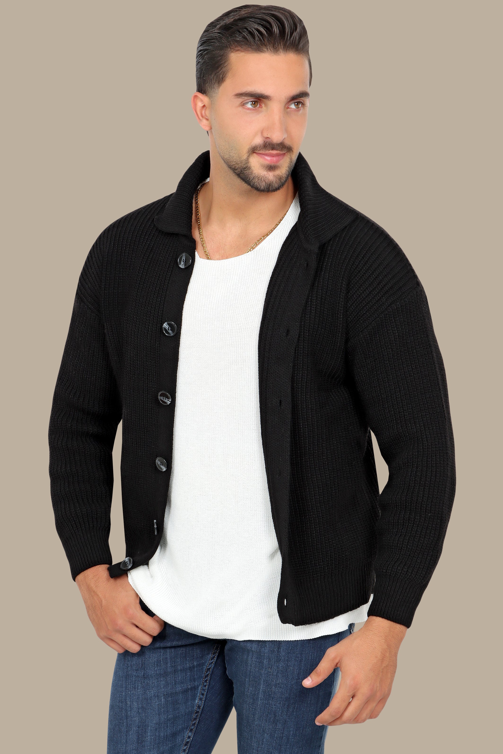 Black Mercerized Cardigan with Full Buttons