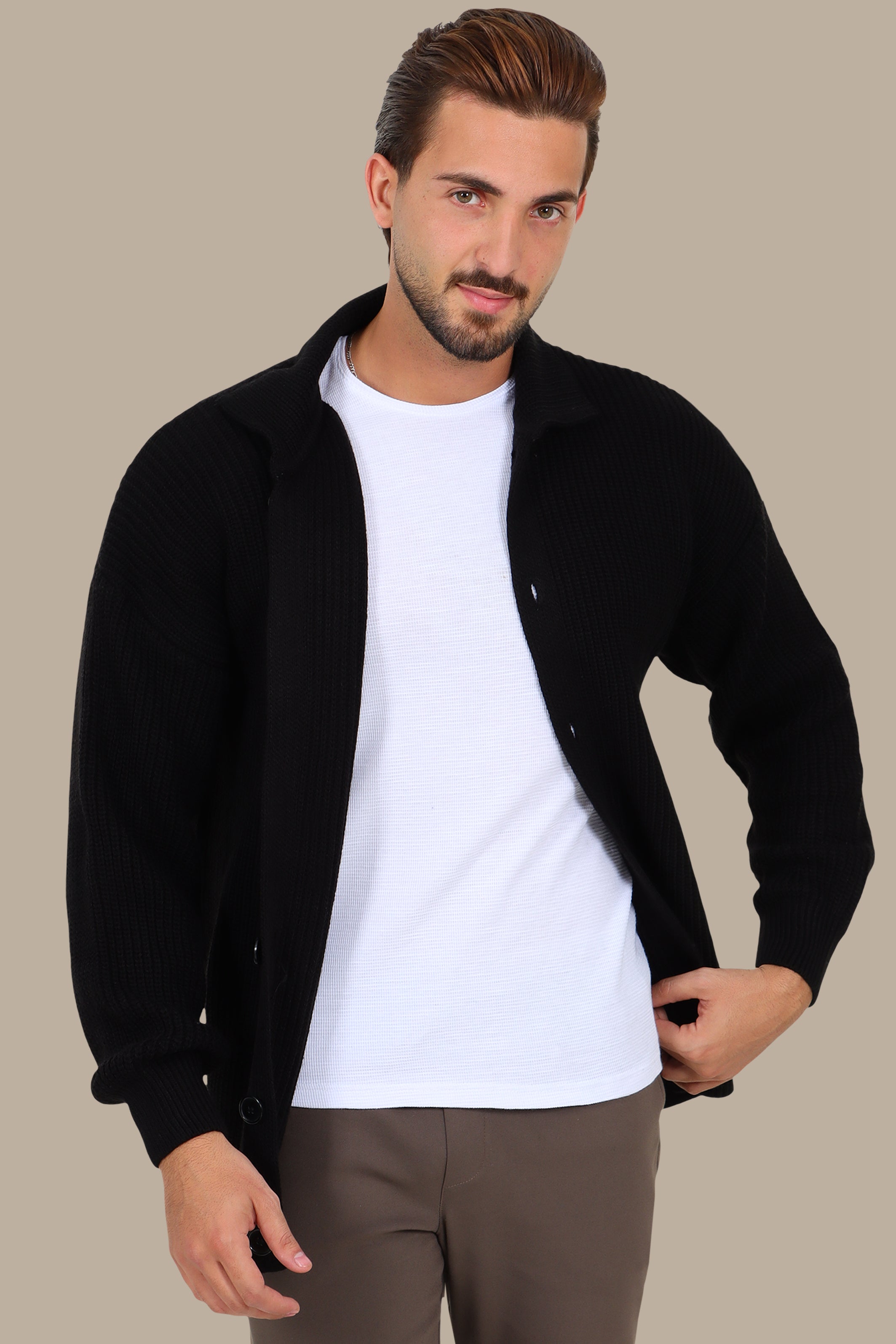 Black Mercerized Cardigan with Full Buttons