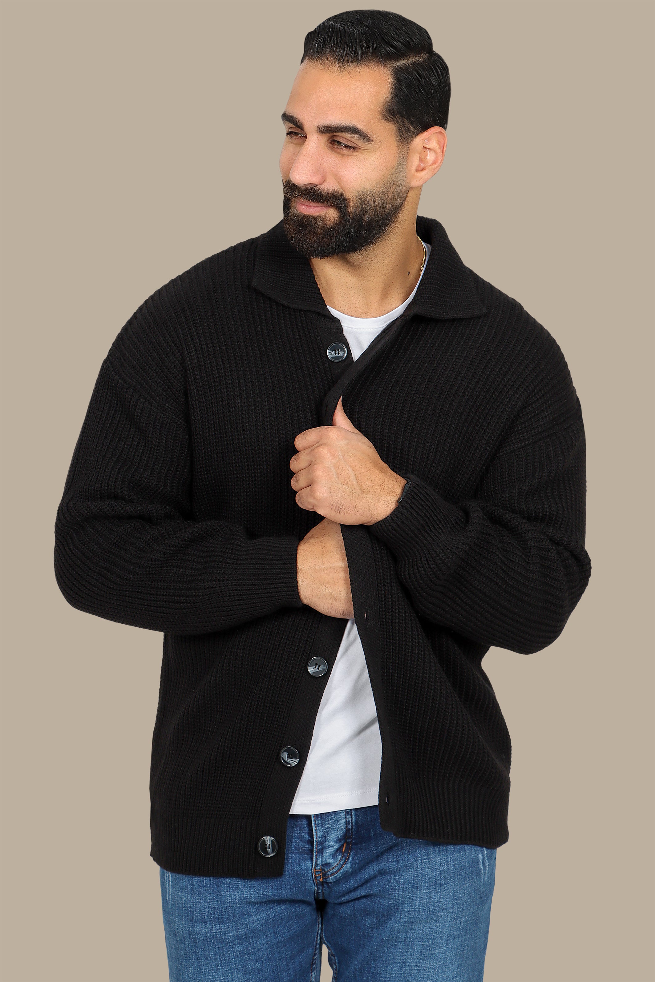 Black Mercerized Cardigan with Full Buttons