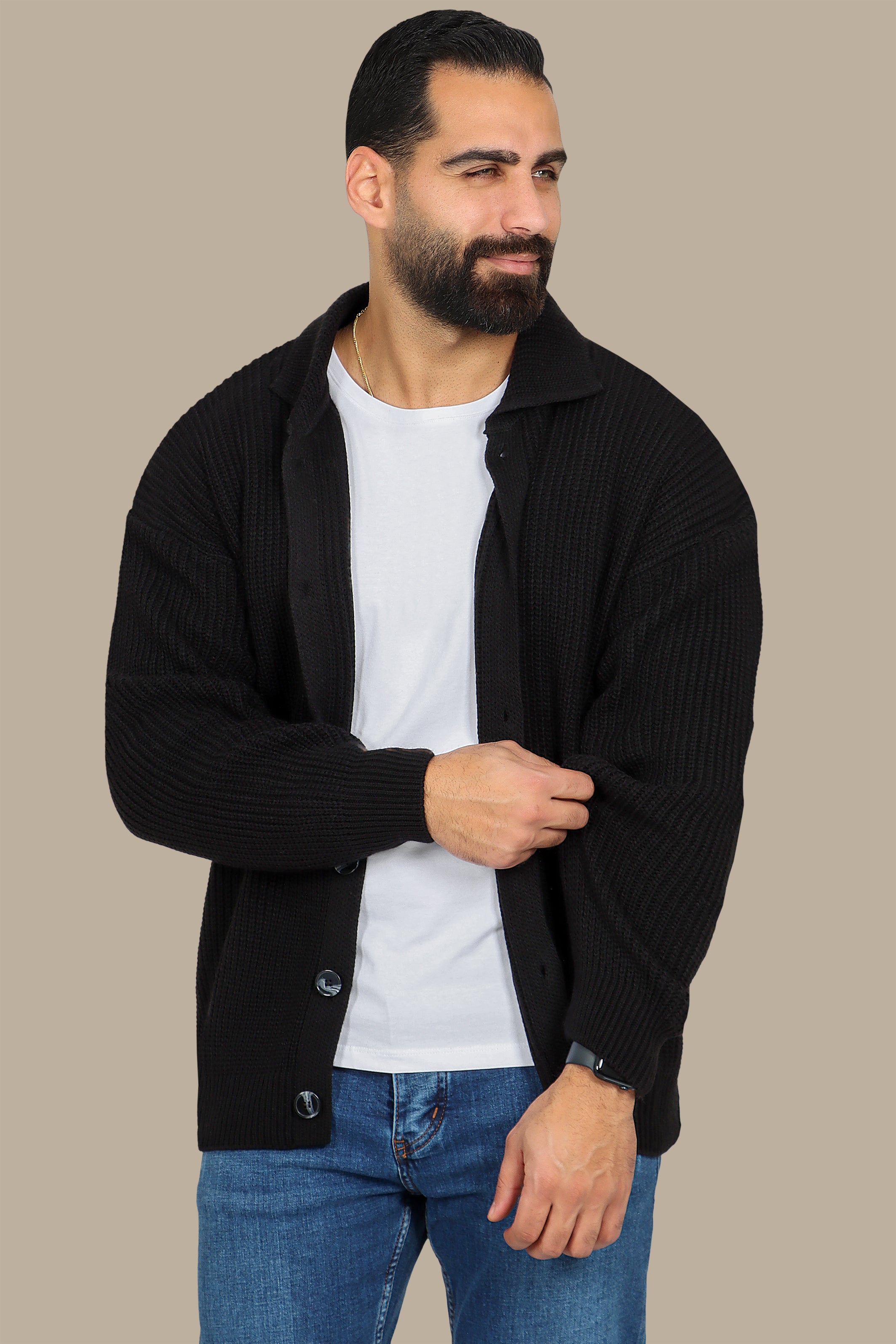 Black Mercerized Cardigan with Full Buttons