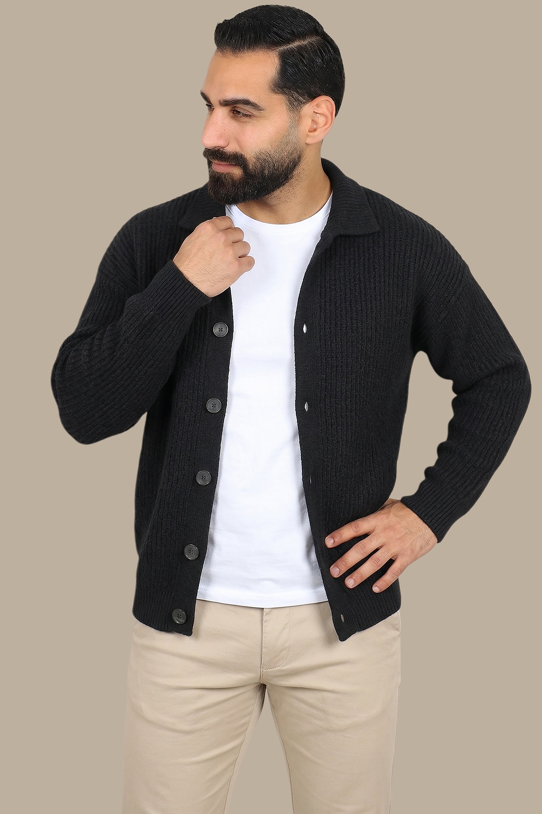 Black Mercerized Cardigan with Full Buttons