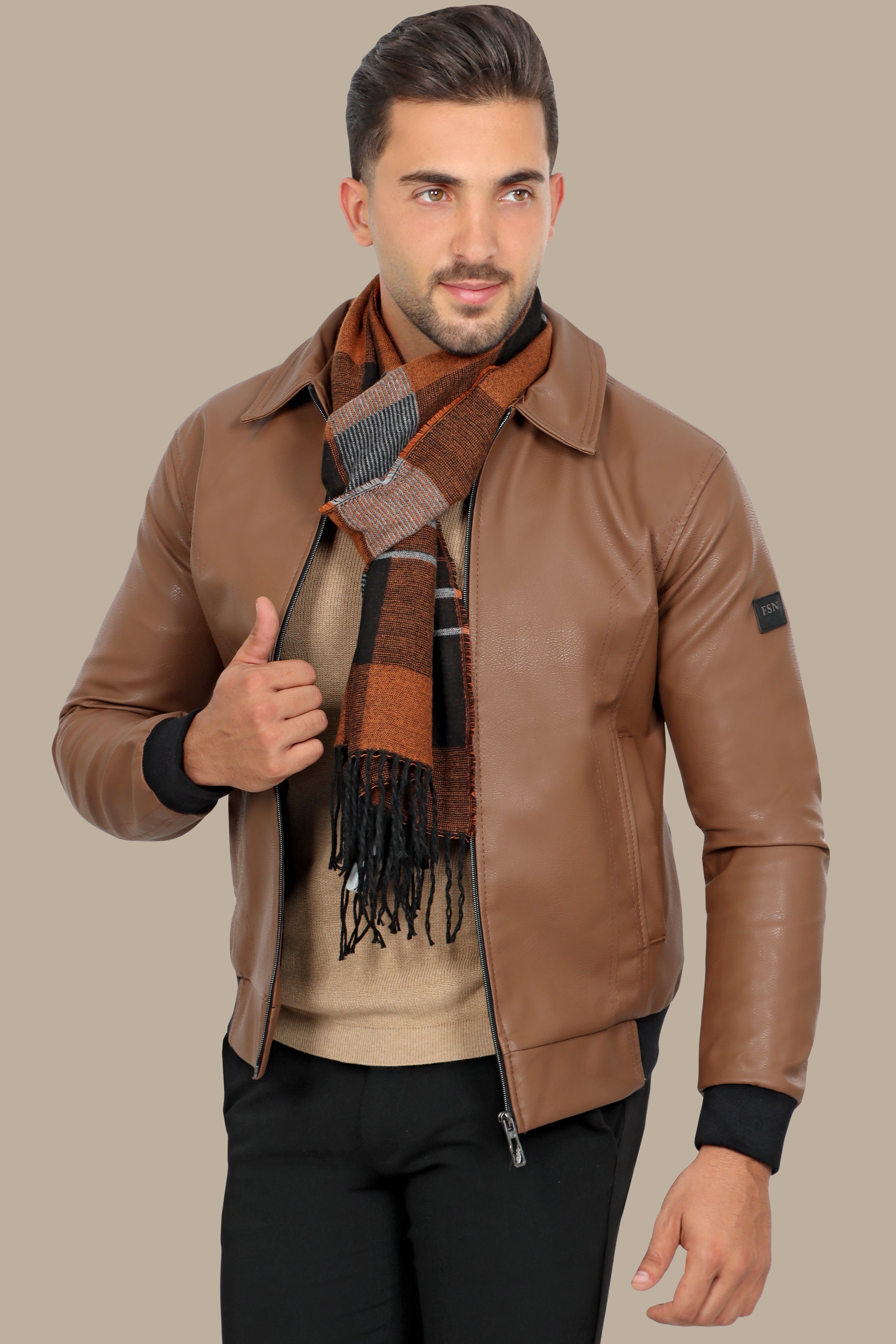 Timeless Charm: Brown Leather Jacket with Classic Collar & Zipper