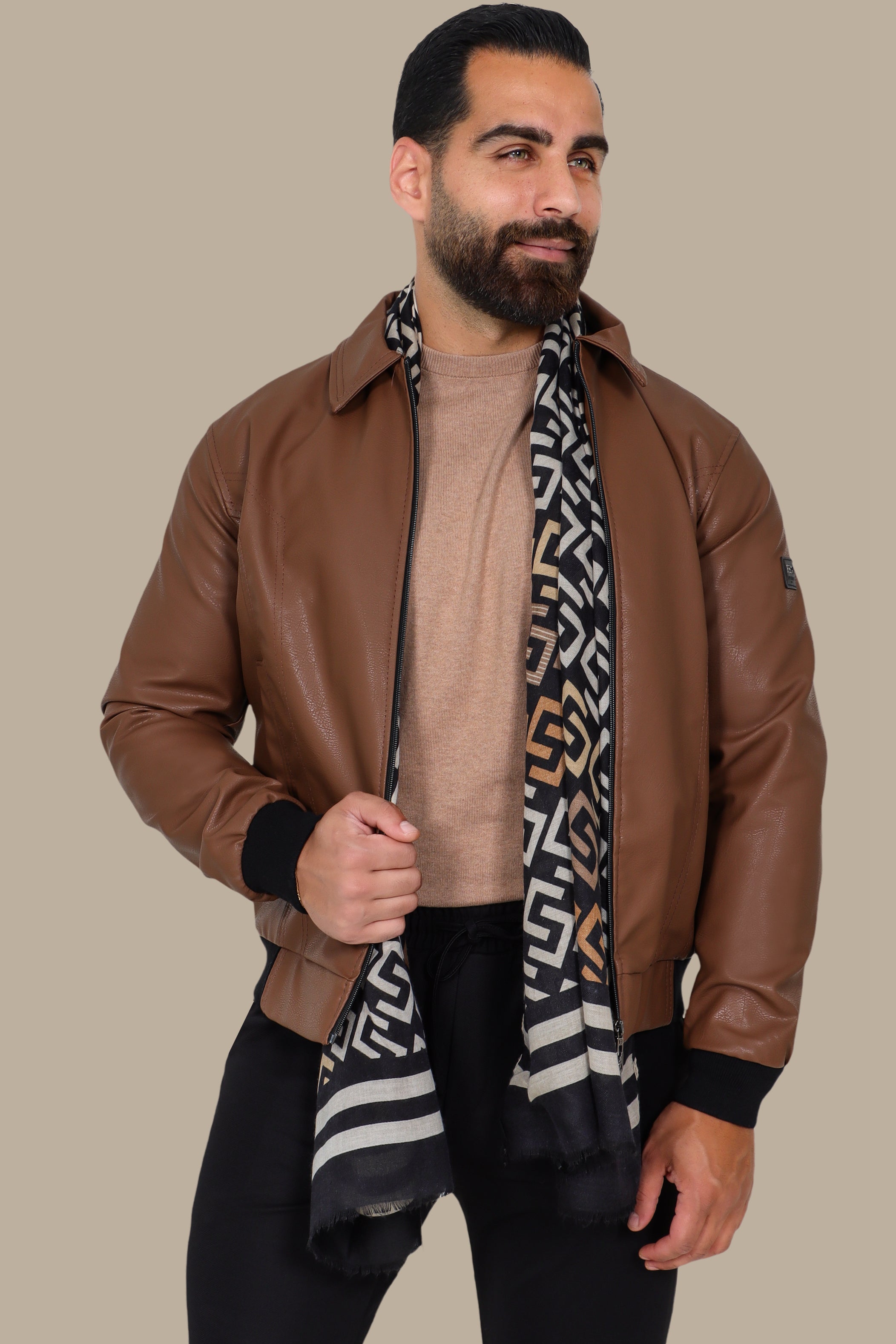 Timeless Charm: Brown Leather Jacket with Classic Collar & Zipper