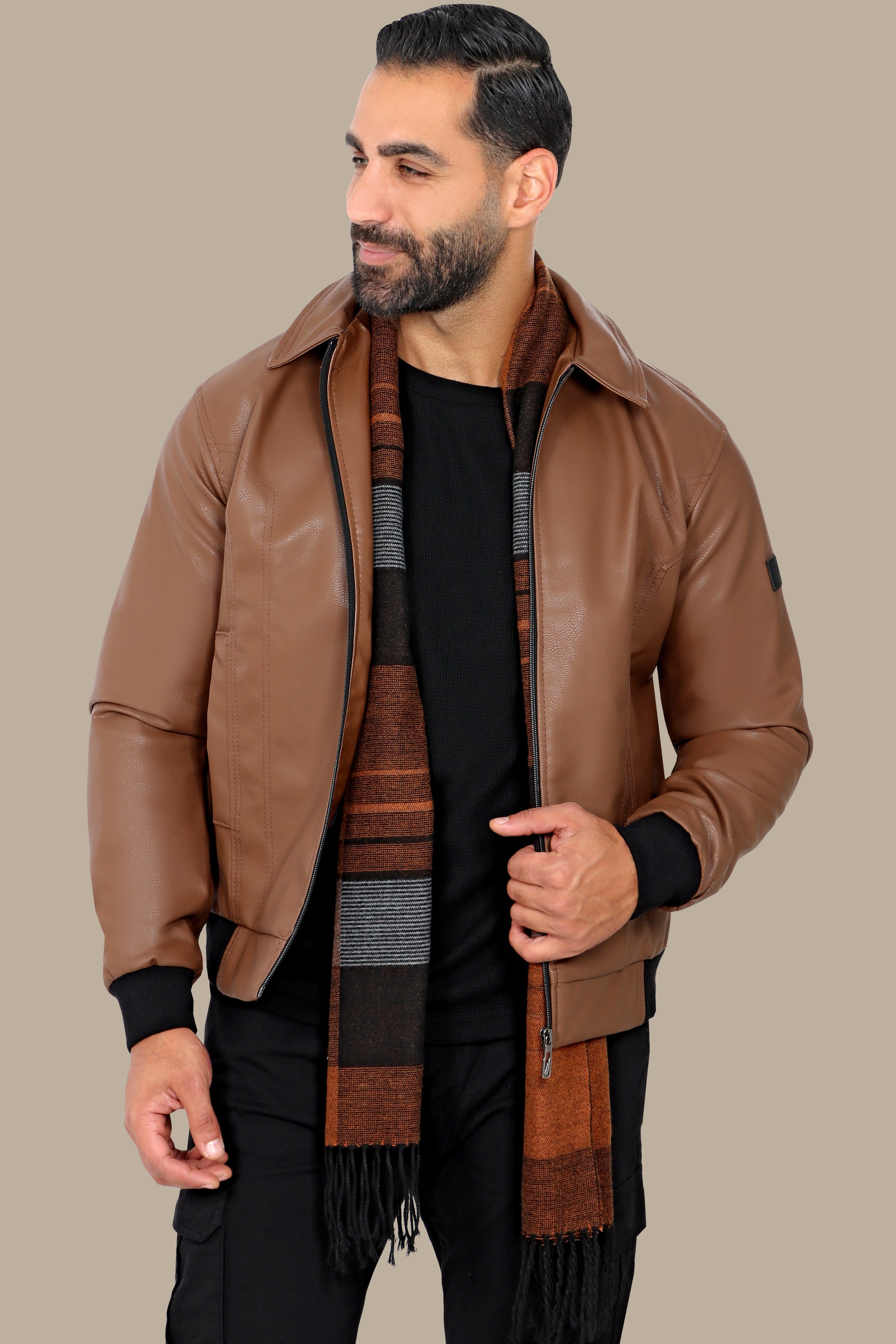 Timeless Charm: Brown Leather Jacket with Classic Collar & Zipper