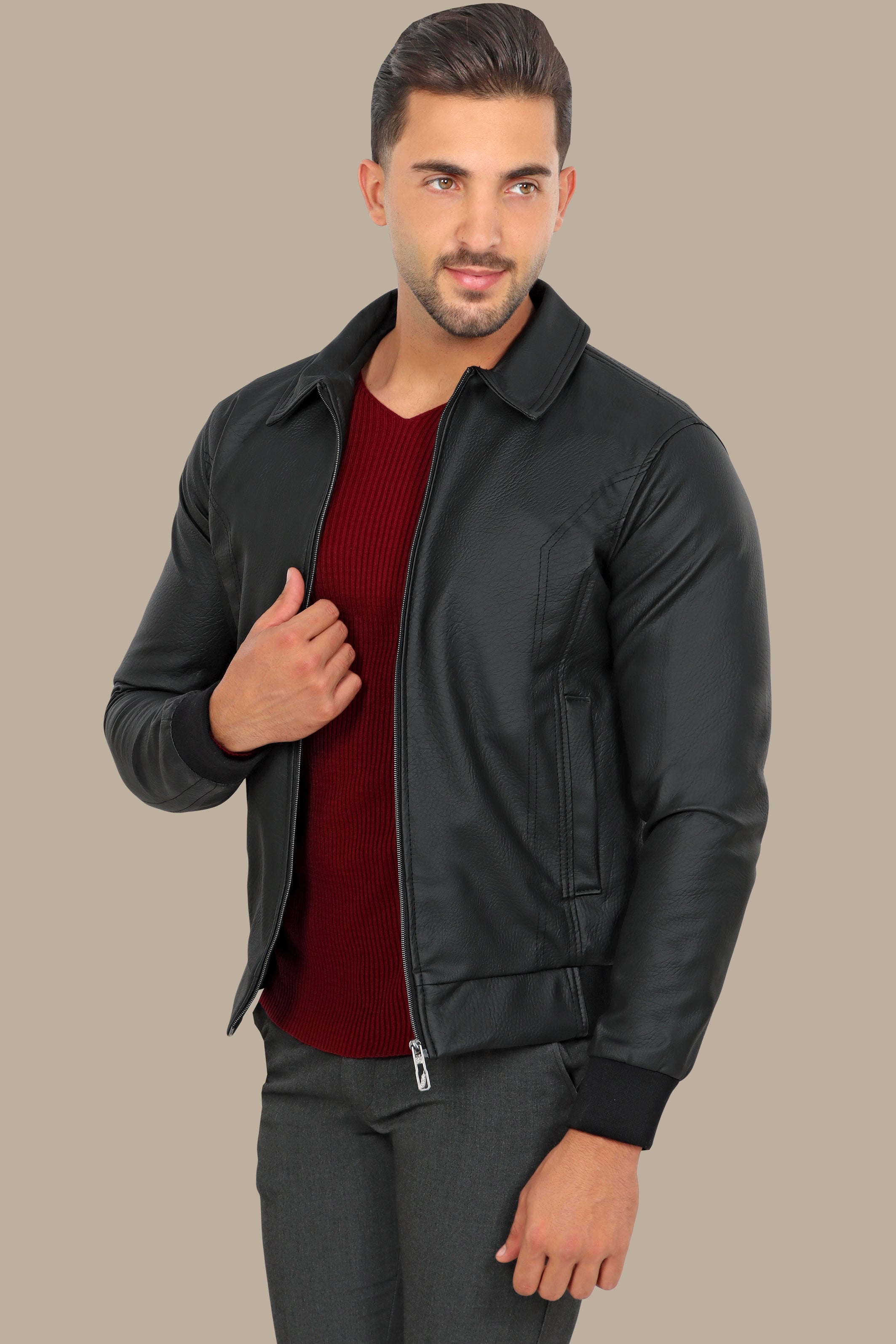 Timeless Charm: Black Leather Jacket with Classic Collar & Zipper