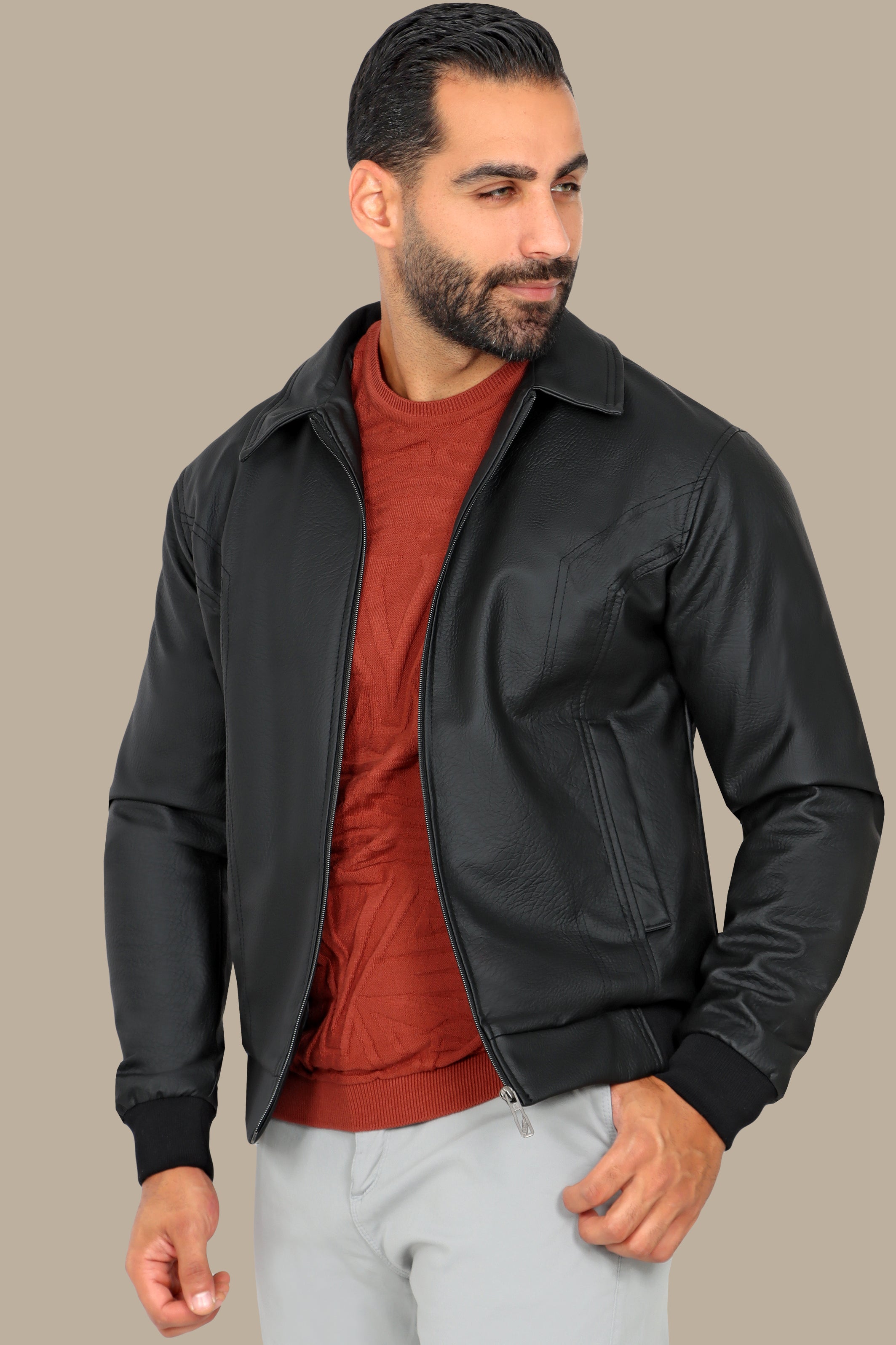 Timeless Charm: Black Leather Jacket with Classic Collar & Zipper