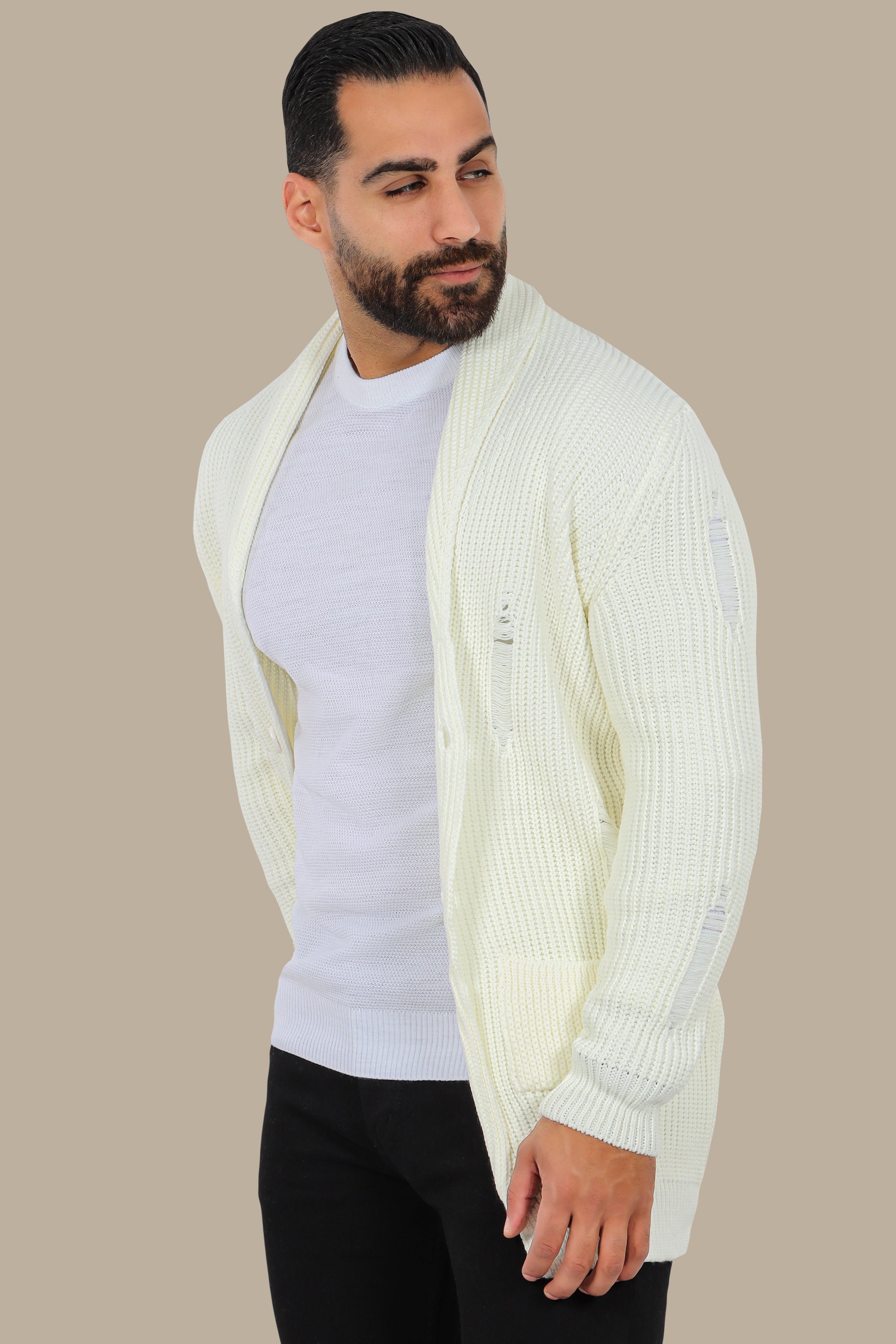 Long White Cardigan with Distressed Collar