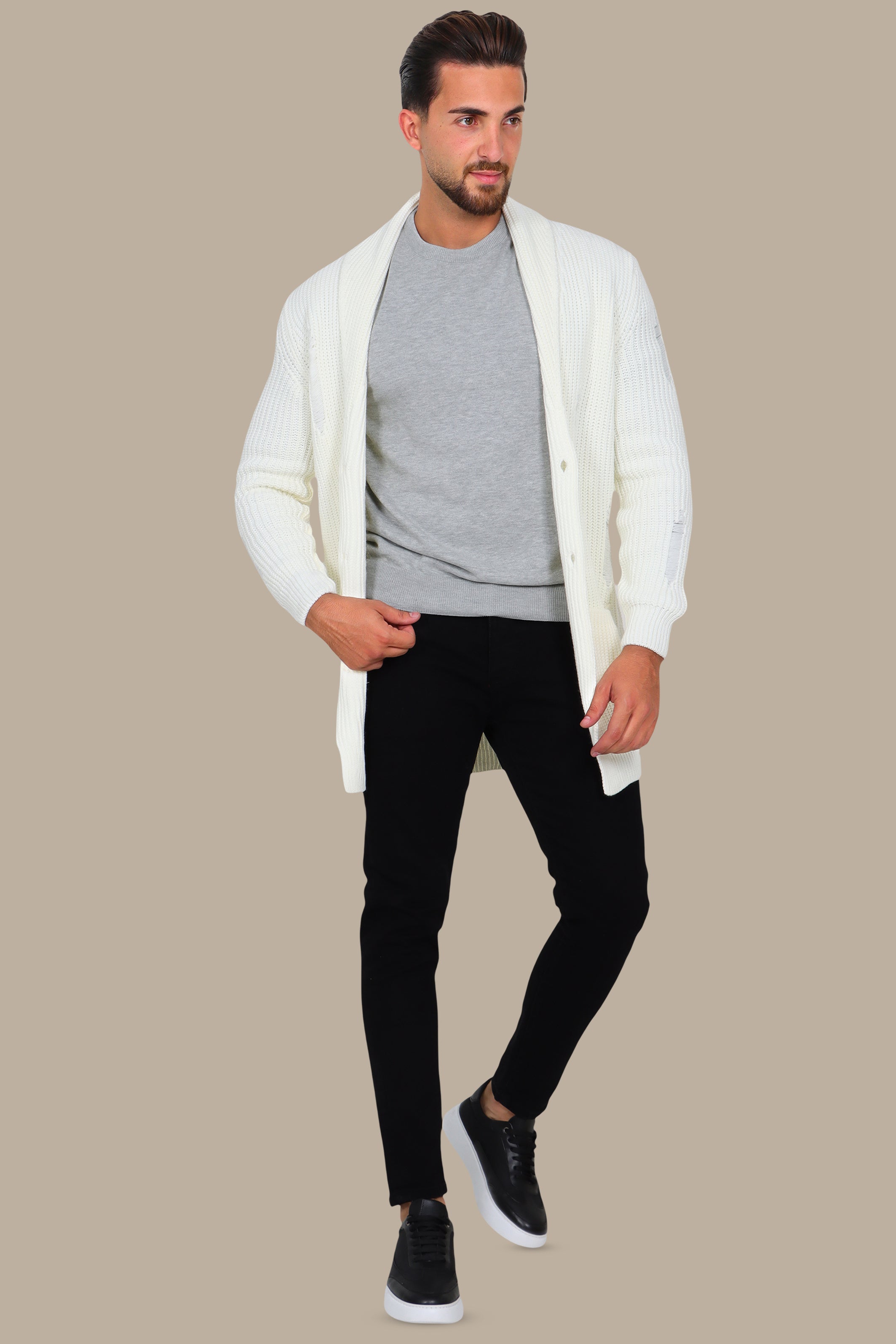 Long White Cardigan with Distressed Collar