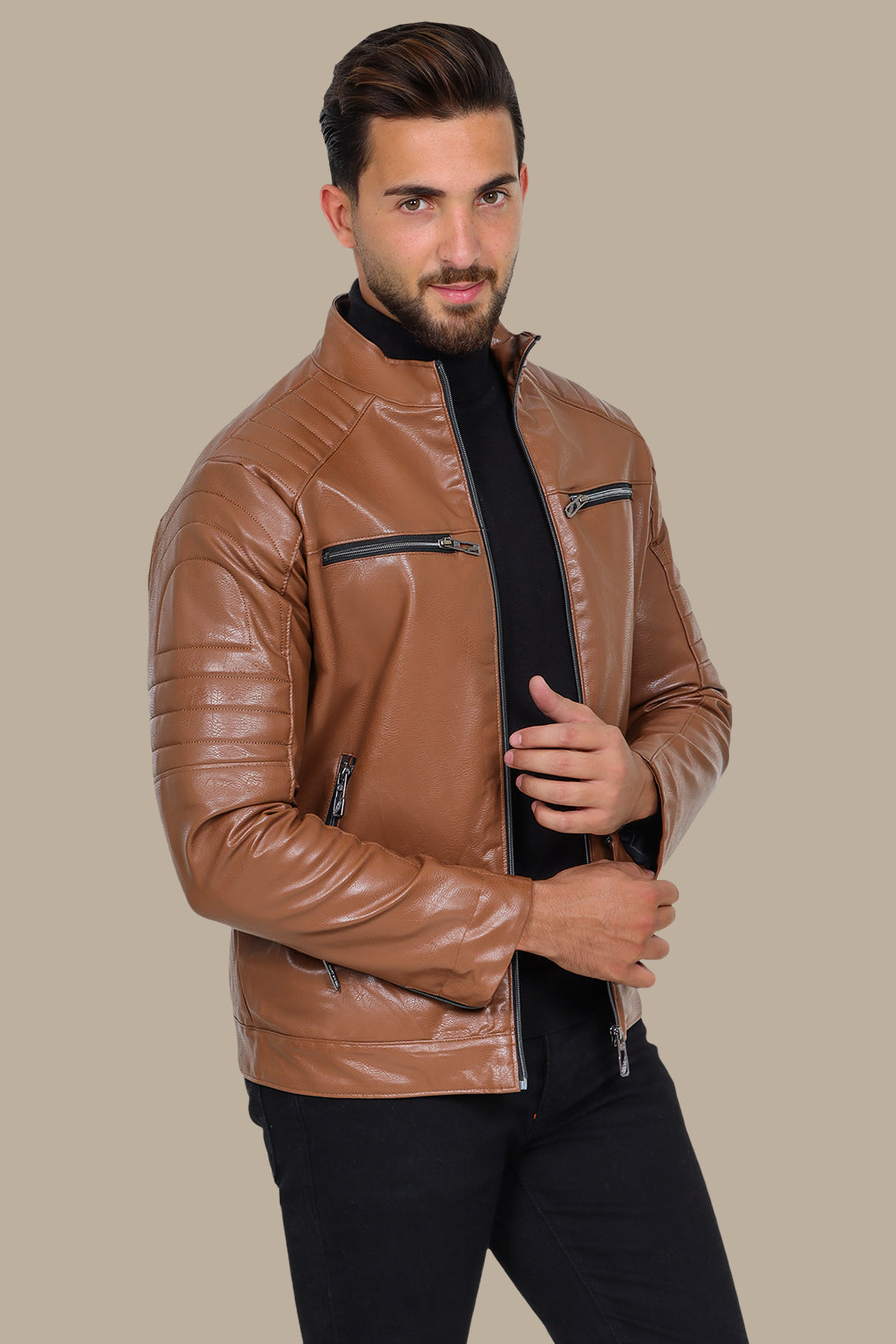 Havane Faux Biker Jacket with 4 Zippers