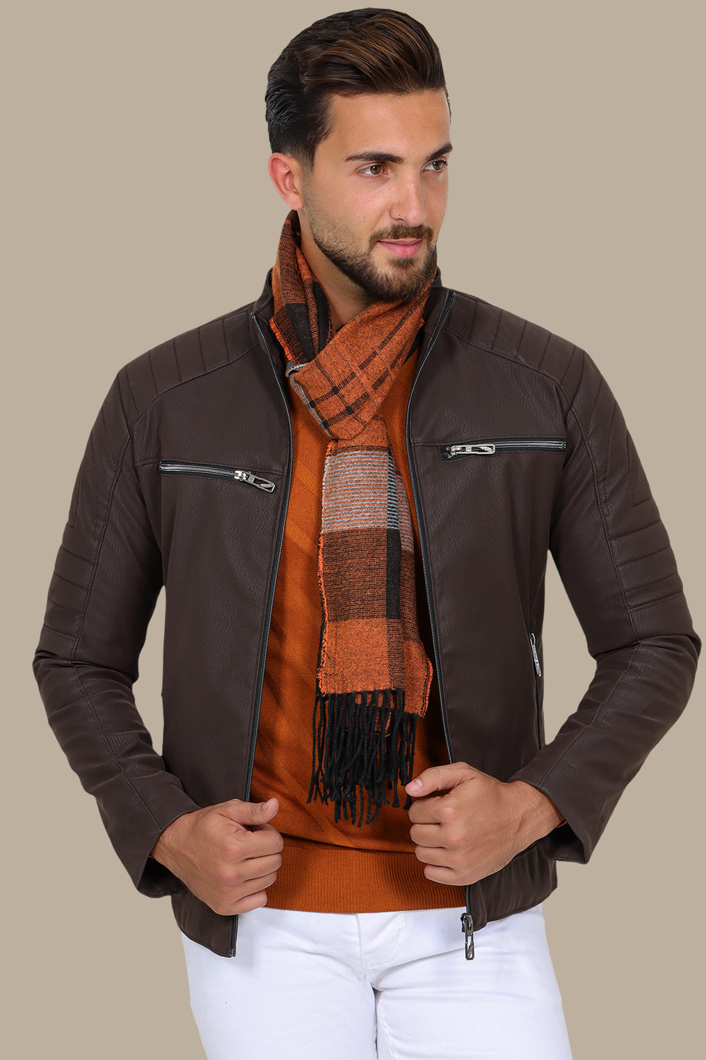Rugged Elegance: Brown Faux Leather Biker Jacket with Four Zippers