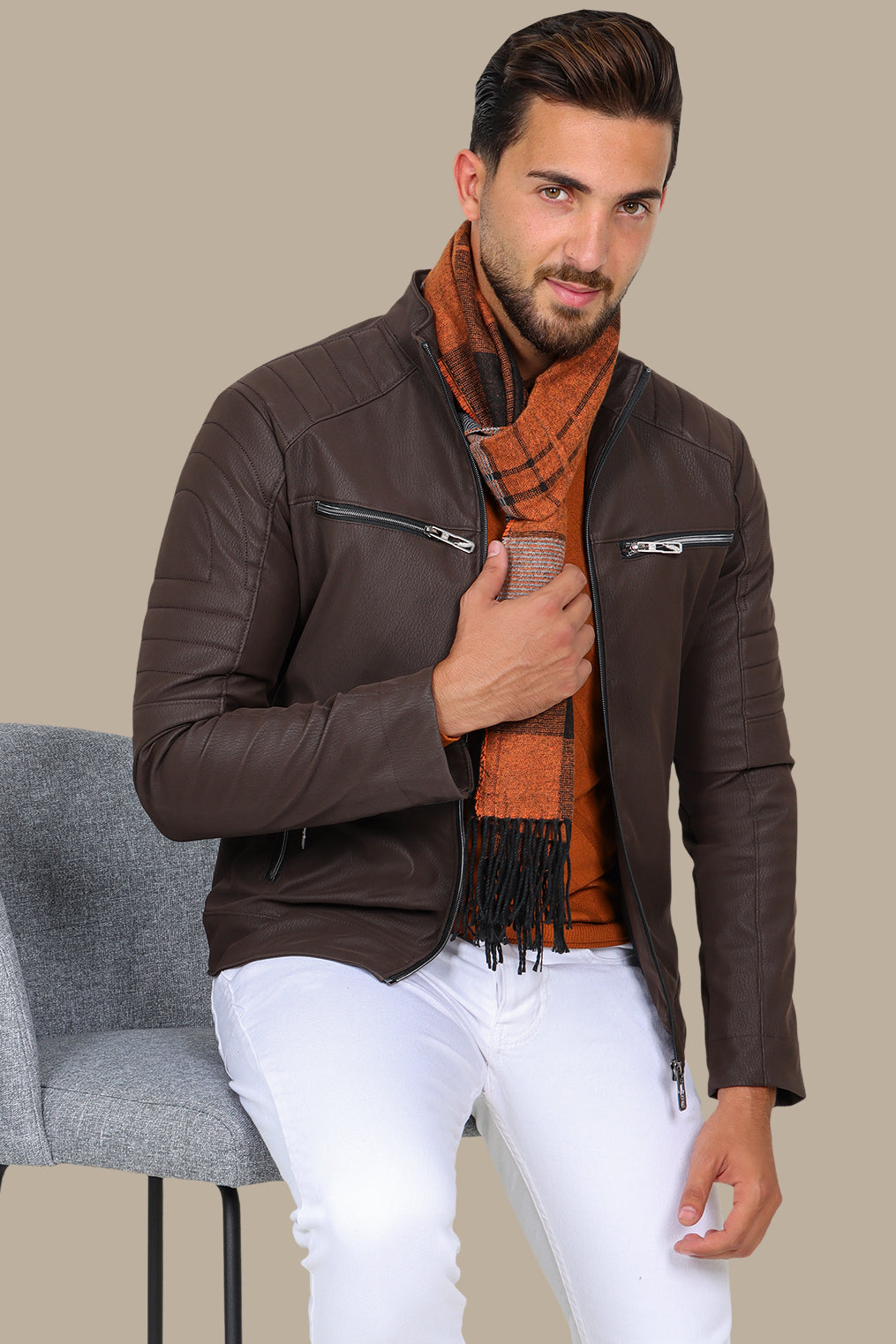 Rugged Elegance: Brown Faux Leather Biker Jacket with Four Zippers