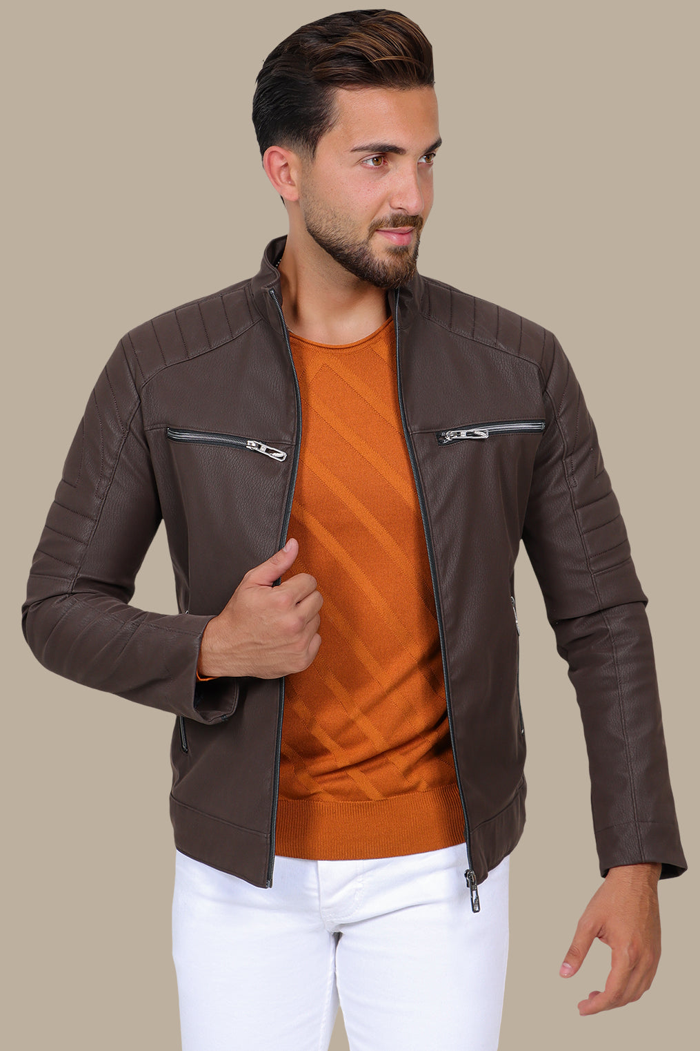 Rugged Elegance: Brown Faux Leather Biker Jacket with Four Zippers