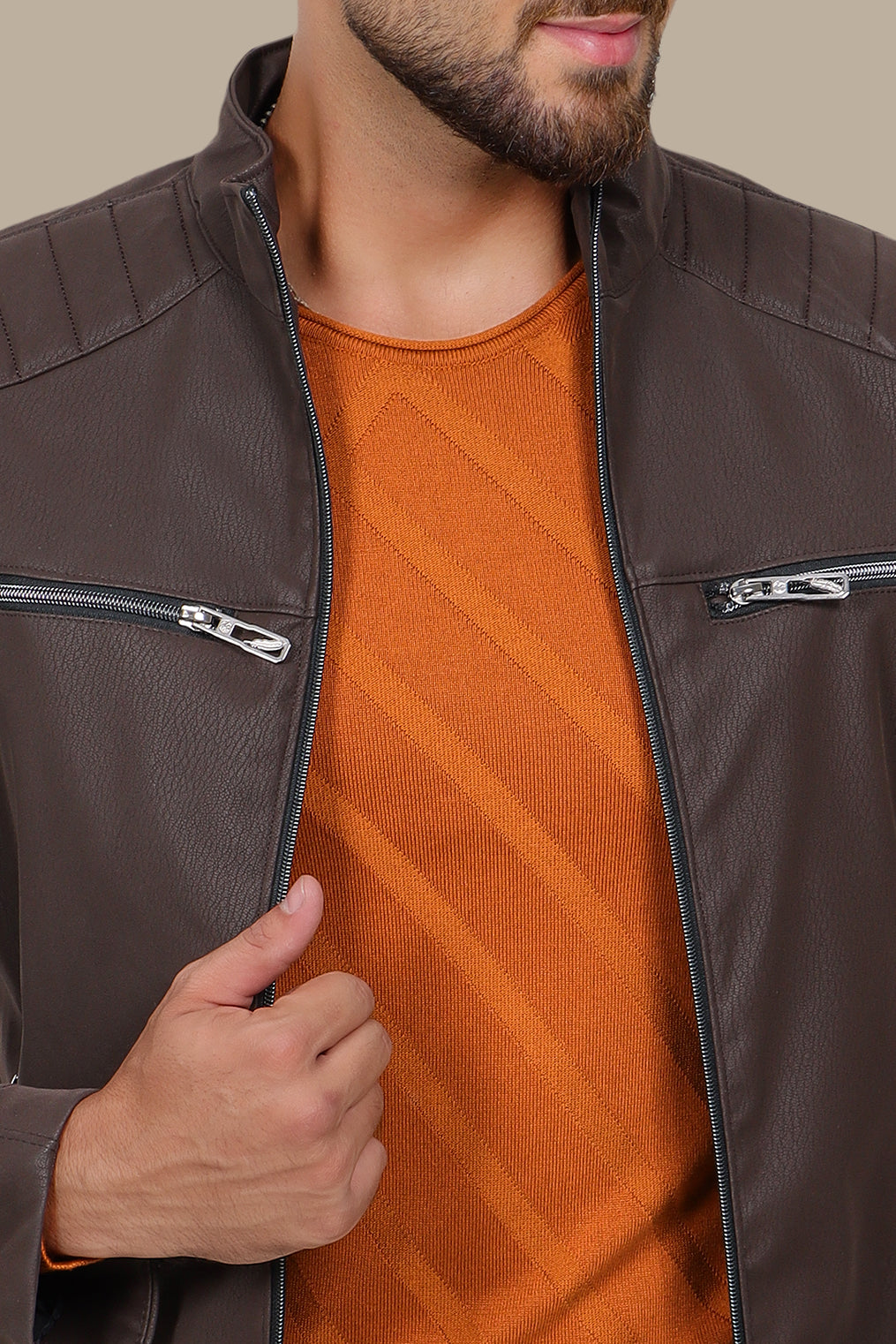 Rugged Elegance: Brown Faux Leather Biker Jacket with Four Zippers