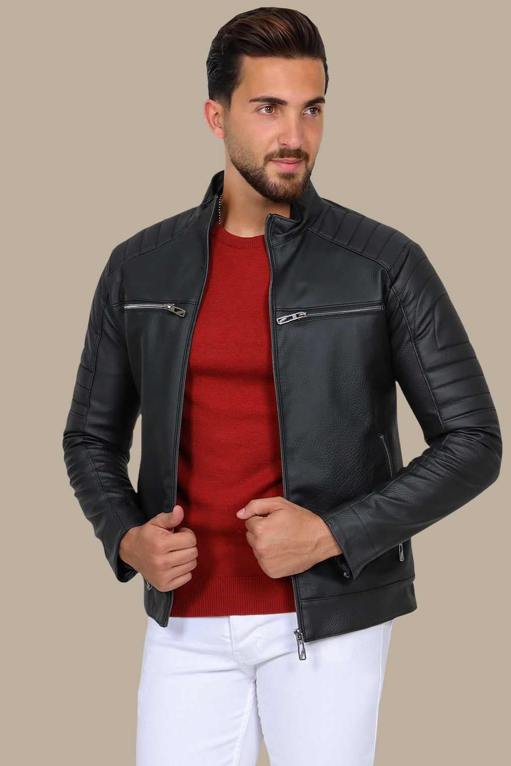 Black Leather Biker Jacket with Round Stitch and 4 Zippers