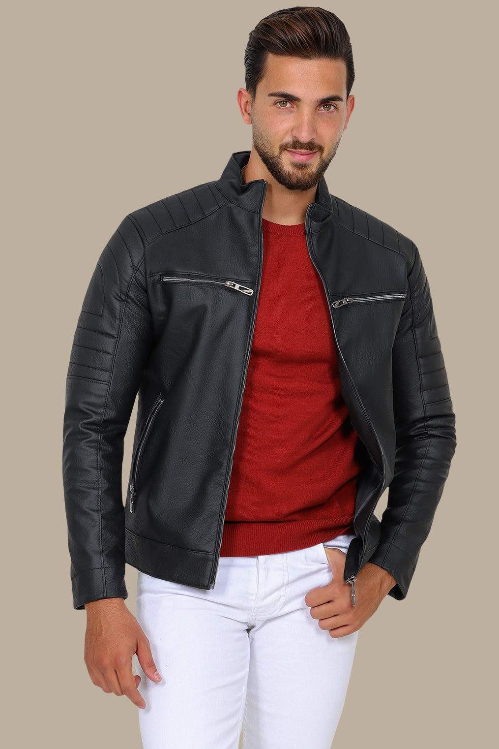 Black Leather Biker Jacket with Round Stitch and 4 Zippers