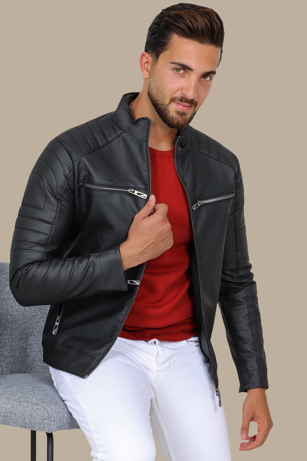 Black Leather Biker Jacket with Round Stitch and 4 Zippers