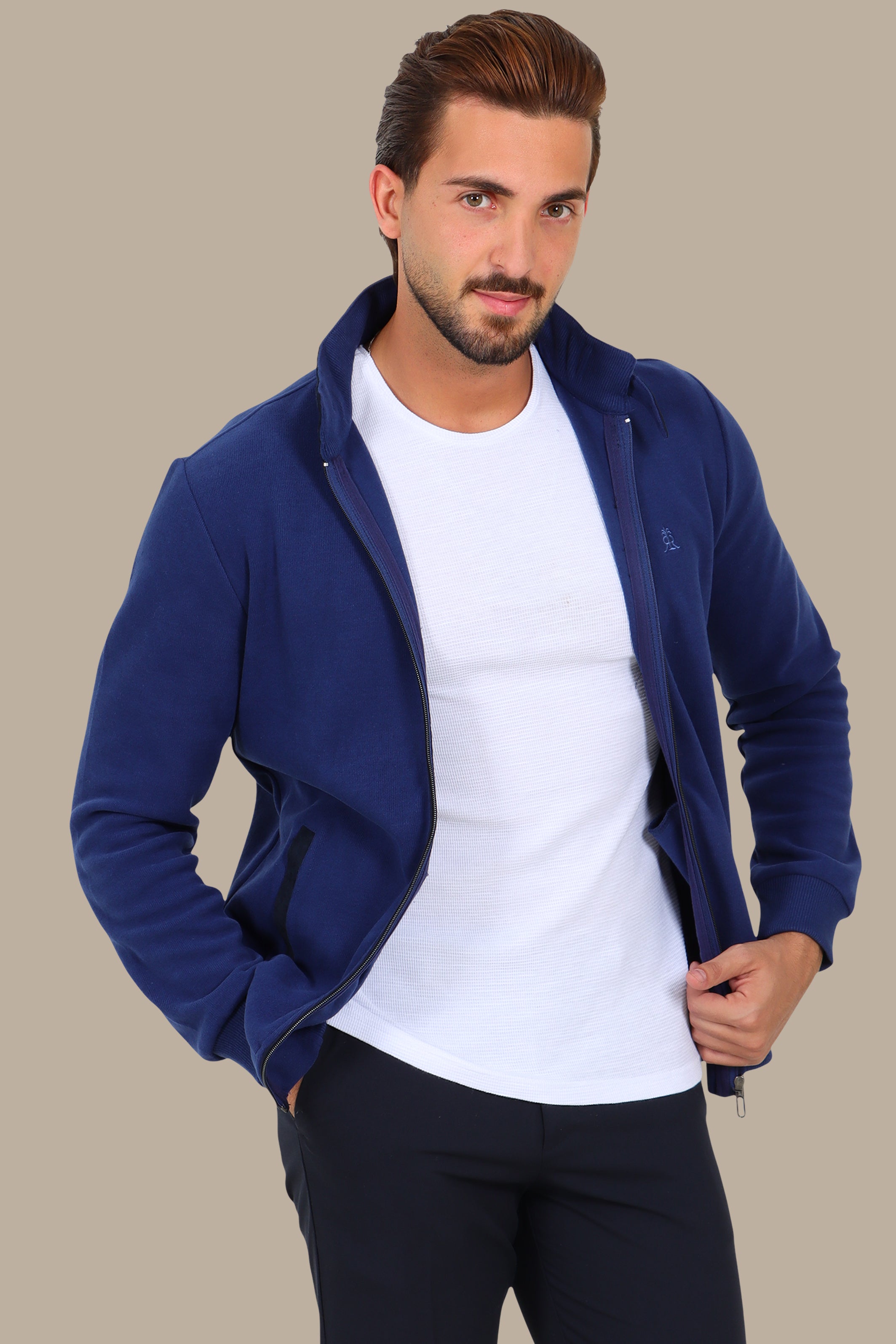 Blue Full-Zip Cardigan with Velvet Collar and Buttons
