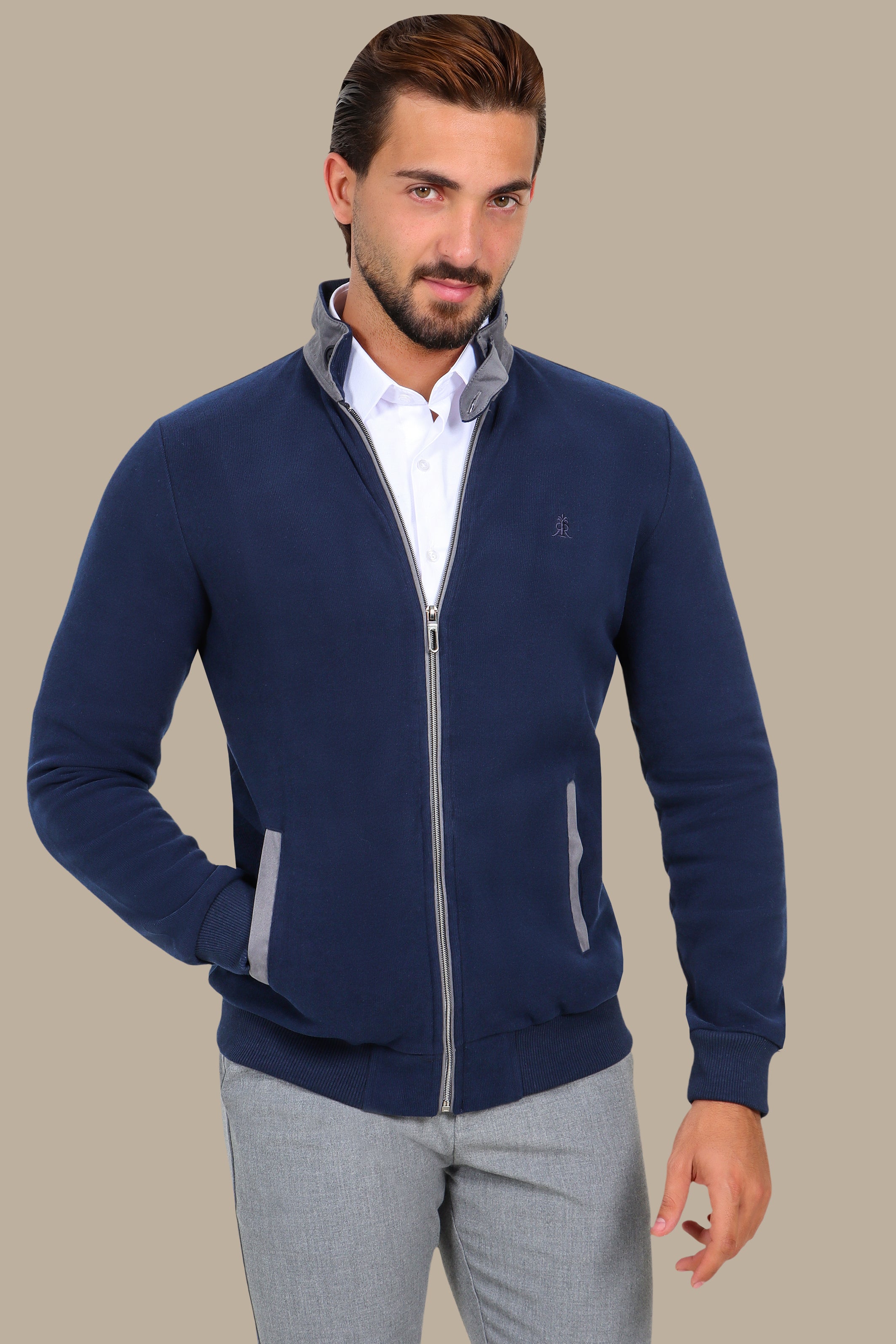 Velvet Full-Zip Cardigan with Buttoned Collar – Navy