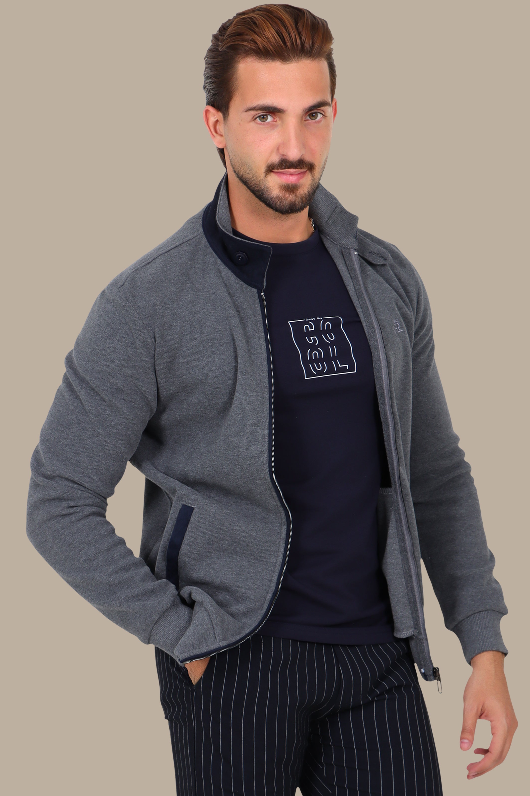 Grey Full-Zip Cardigan with Velvet Collar and Buttons