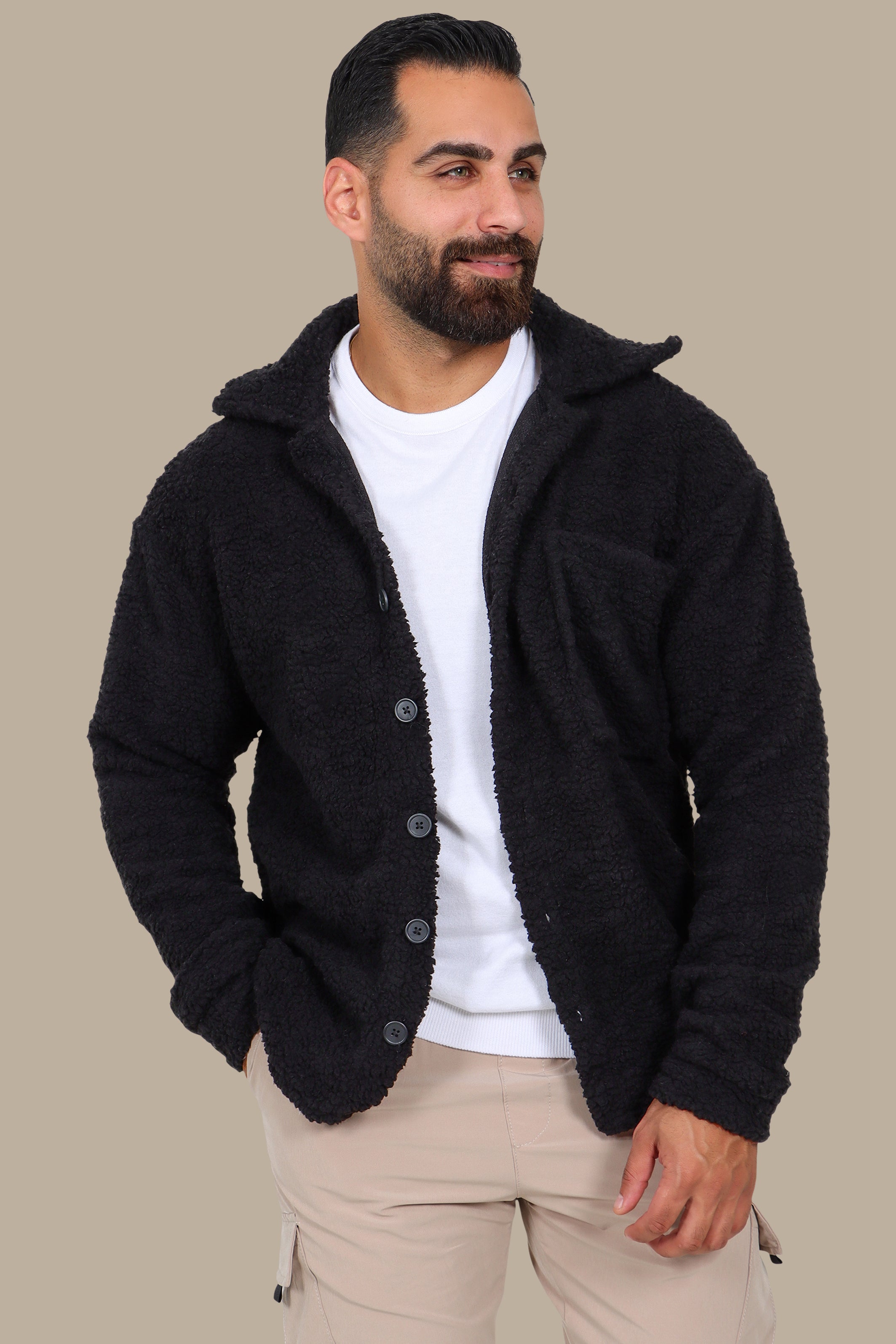 Black Teddy-Lamp Buttoned Cardigan