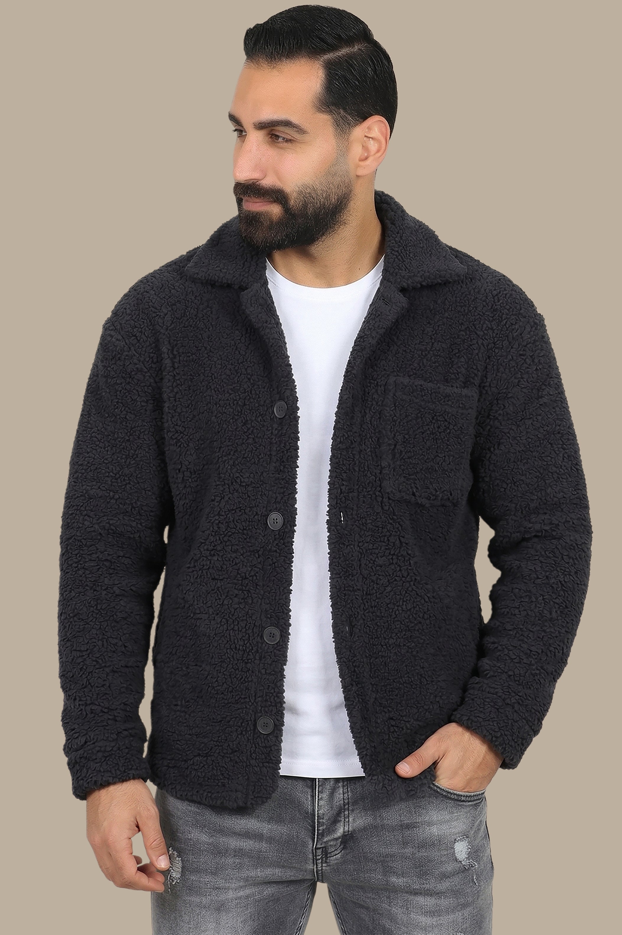 Black Teddy-Lamp Buttoned Cardigan