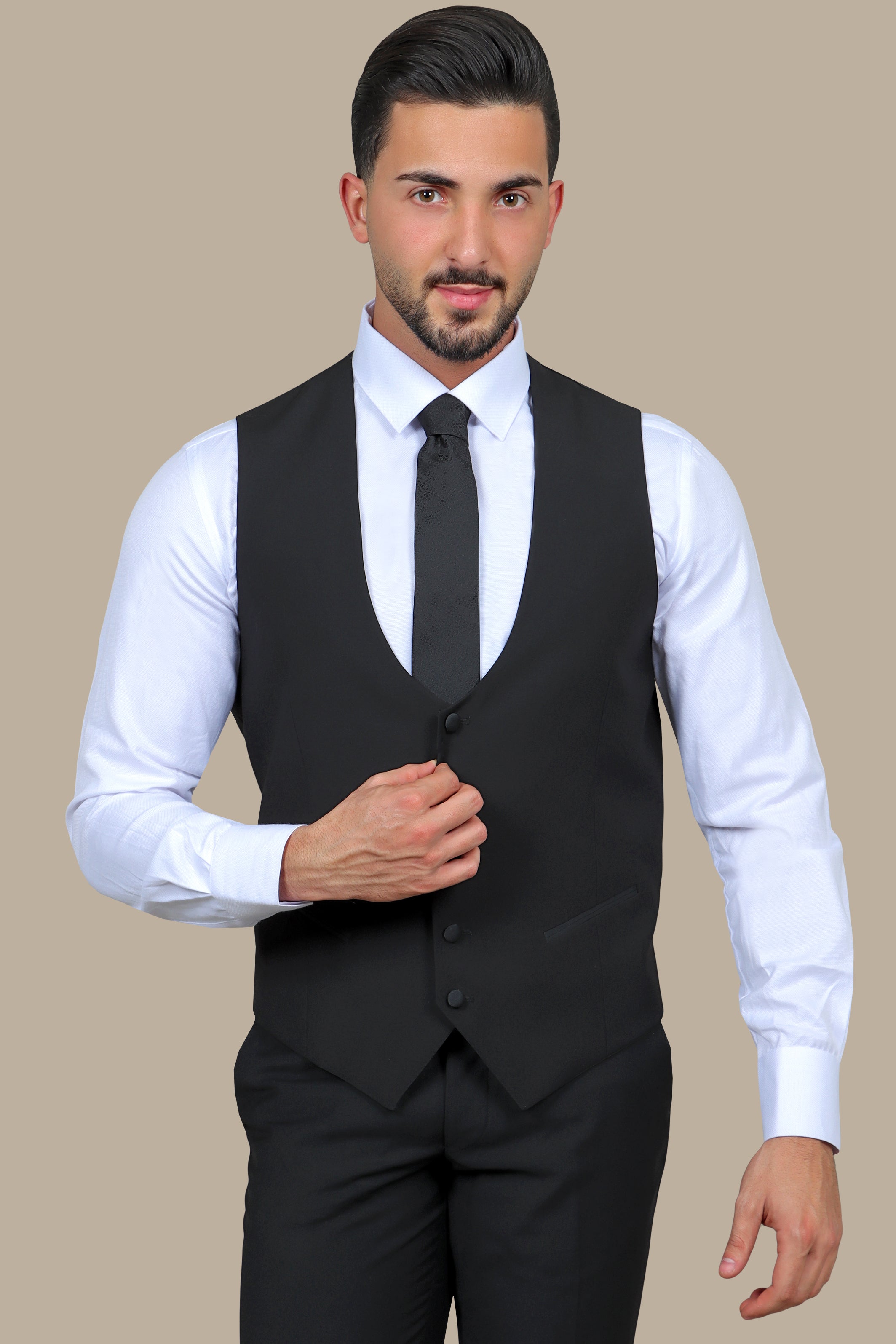 Classic Black R-Neck Vest: Sleek Sophistication