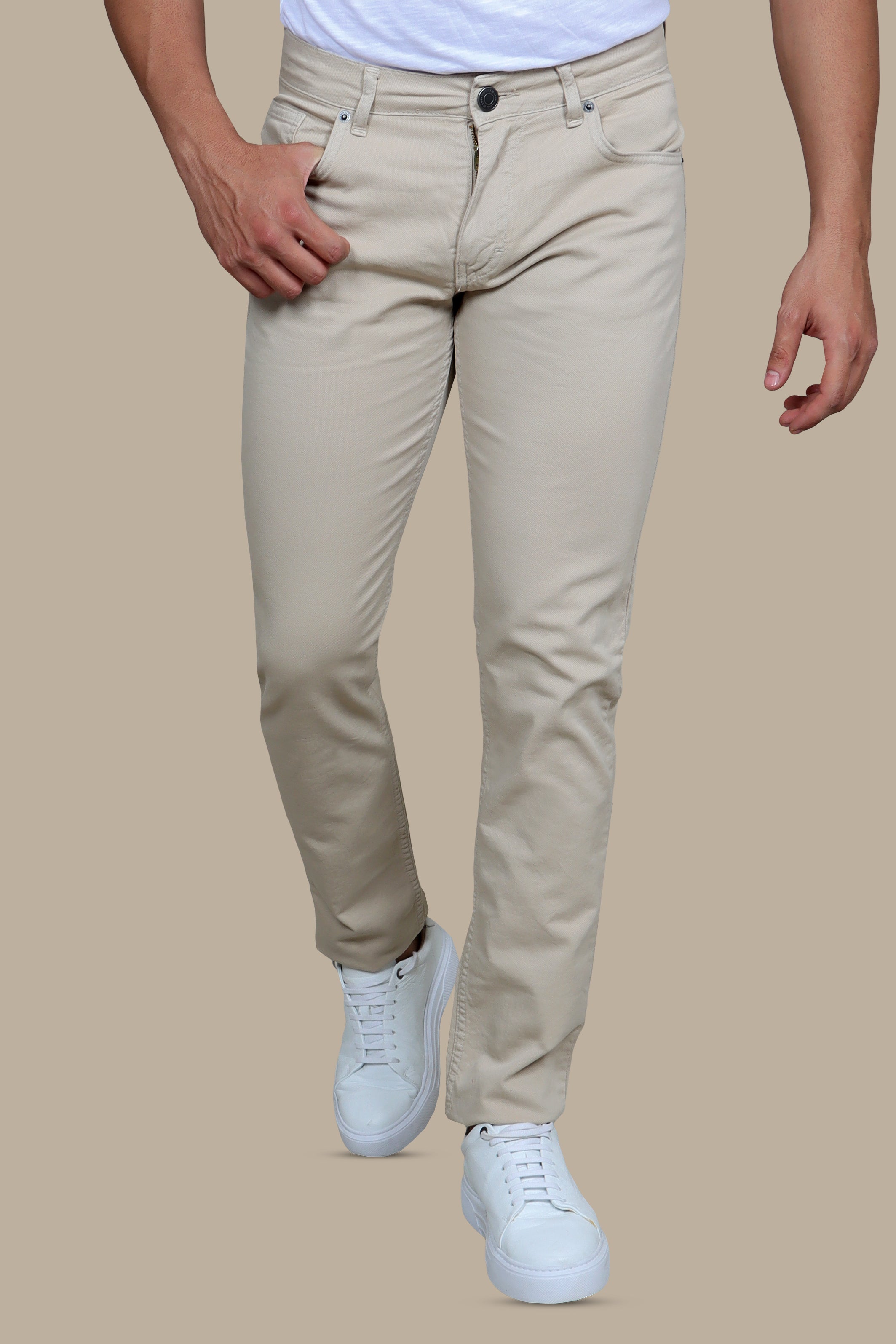 Urban Comfort: Beige Oxford with Five-Pocket Versatility