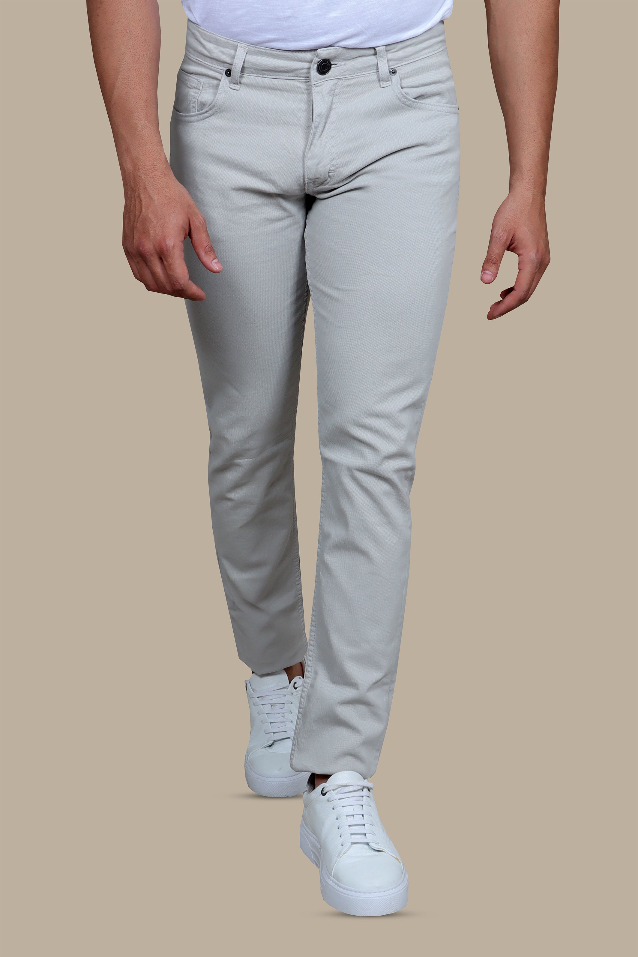 Urban Comfort: Light Gray Oxford with Five-Pocket Versatility