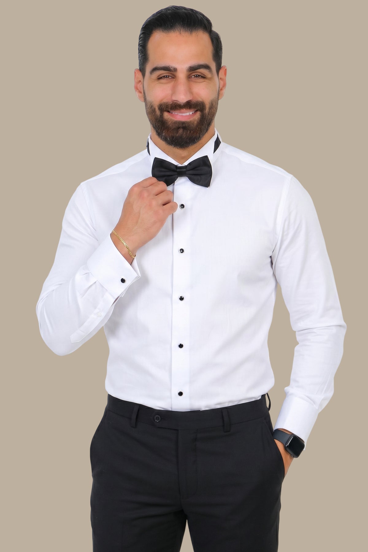 White Long Tuxedo Shirt with Black Buttons