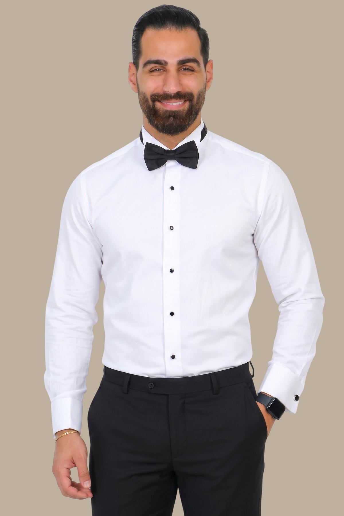 White Long Tuxedo Shirt with Black Buttons