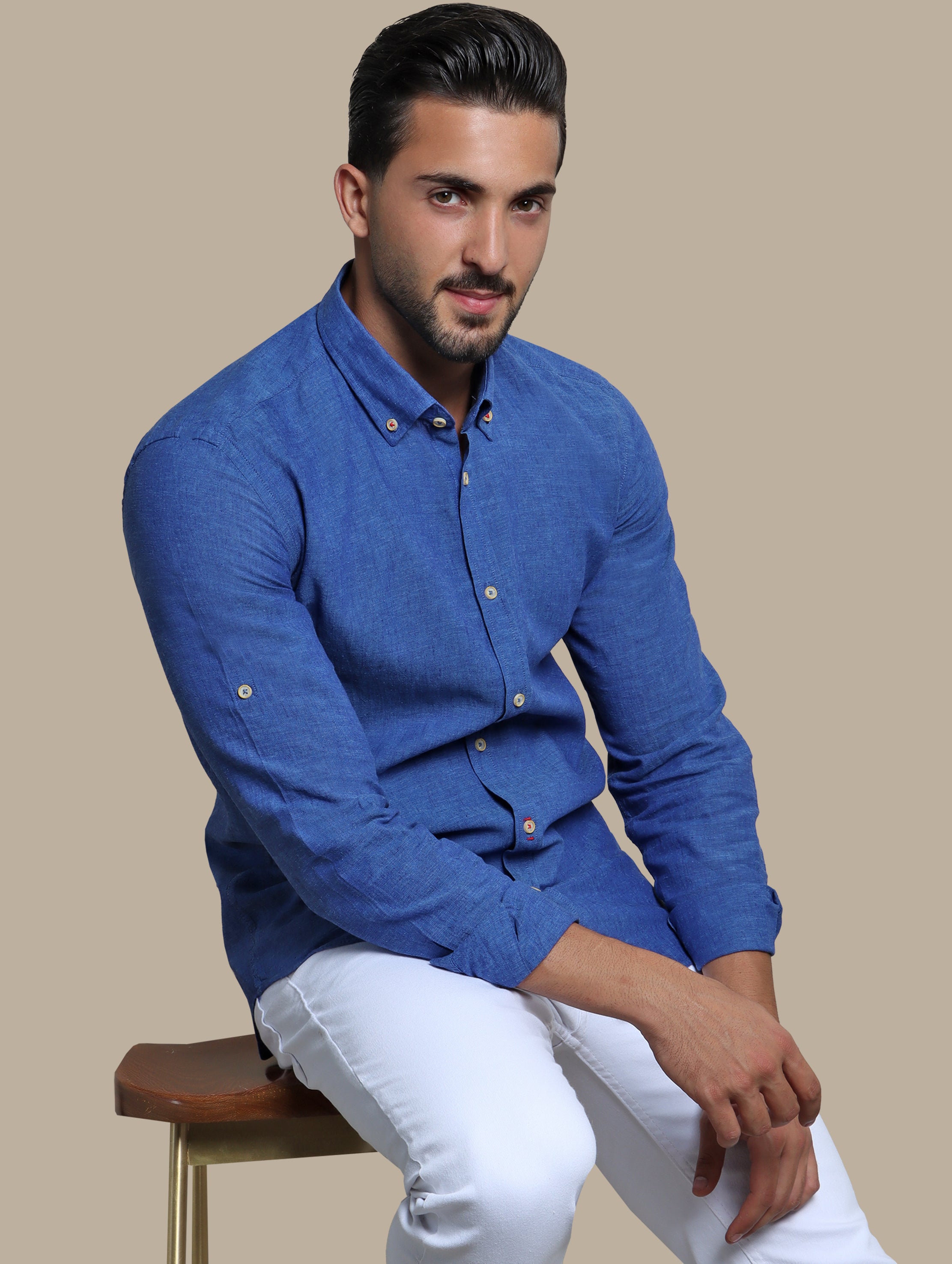 Indigo Linen Shirt with Classic Collar