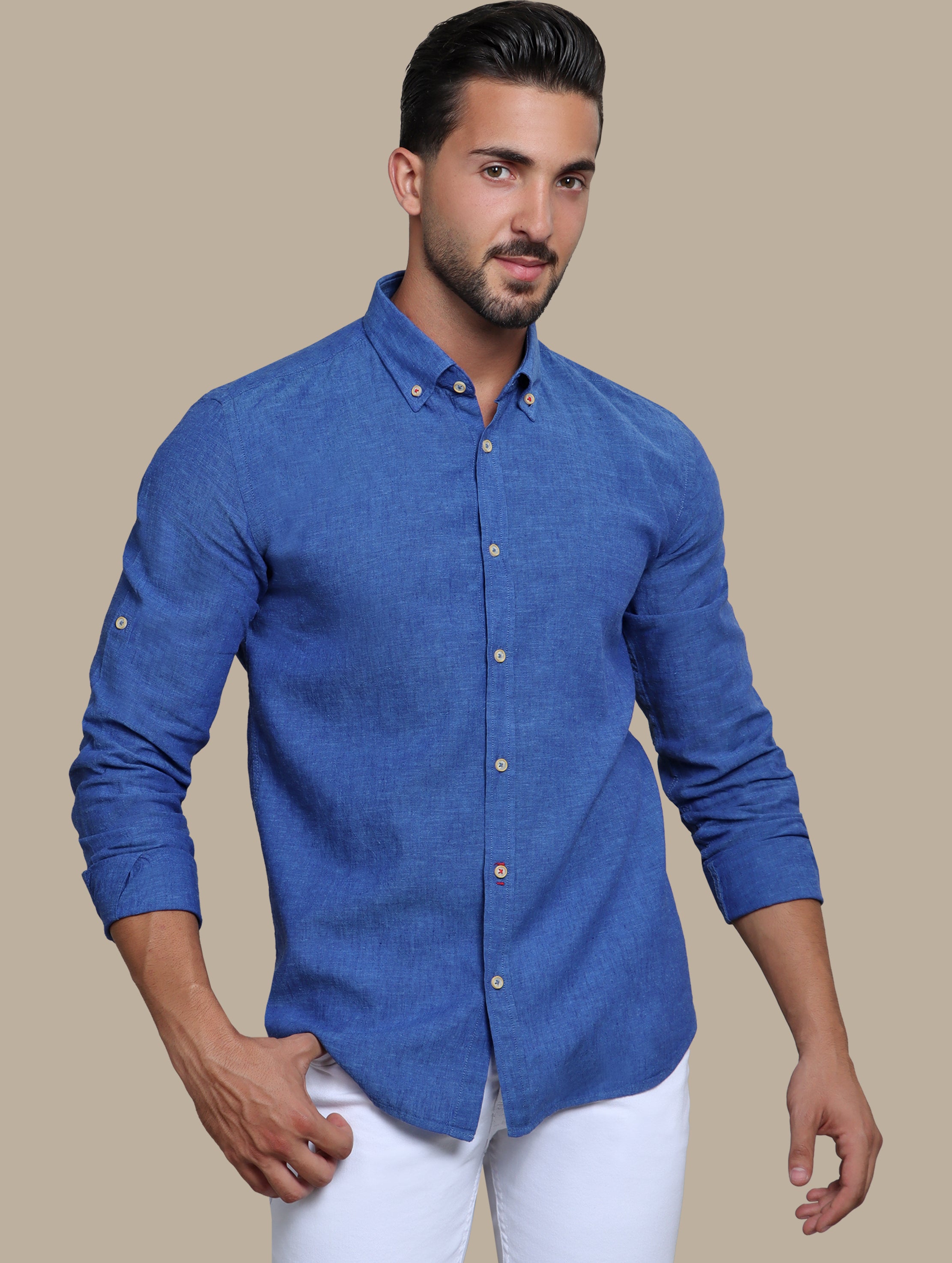 Indigo Linen Shirt with Classic Collar