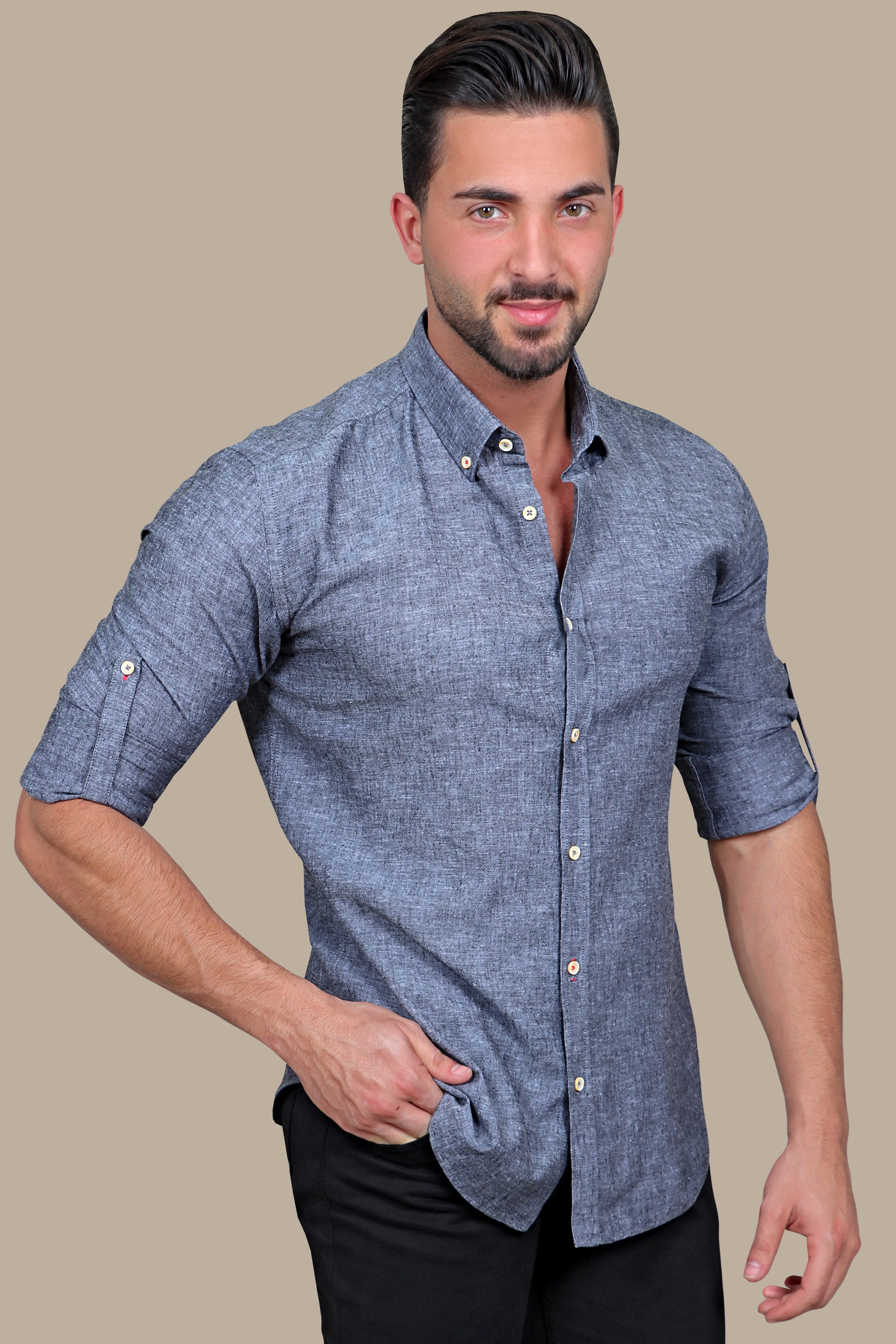 Charcoal Elegance: Linen Shirt with Dark Grey Collar