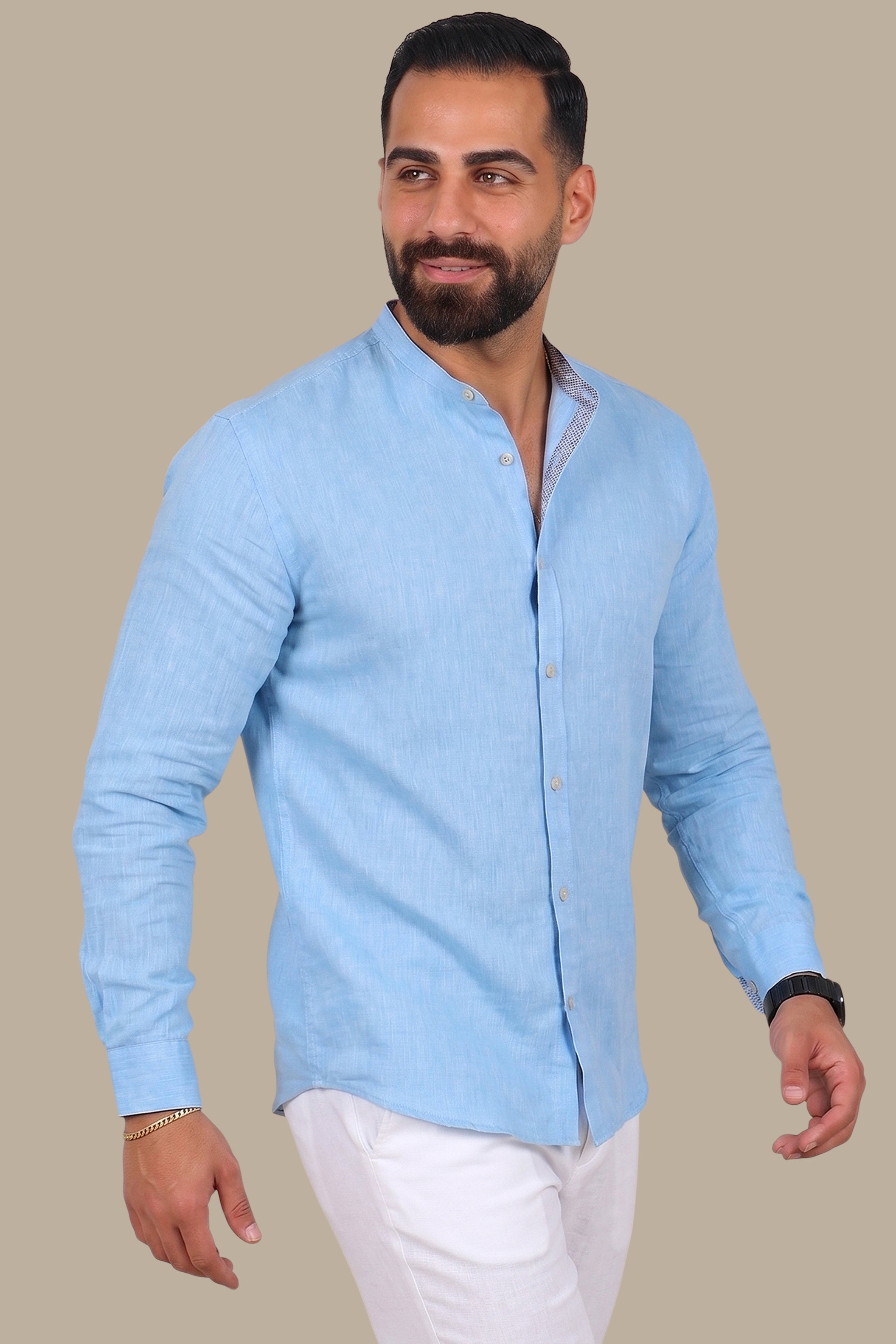 Turquoise Linen Shirt: Mao Collar