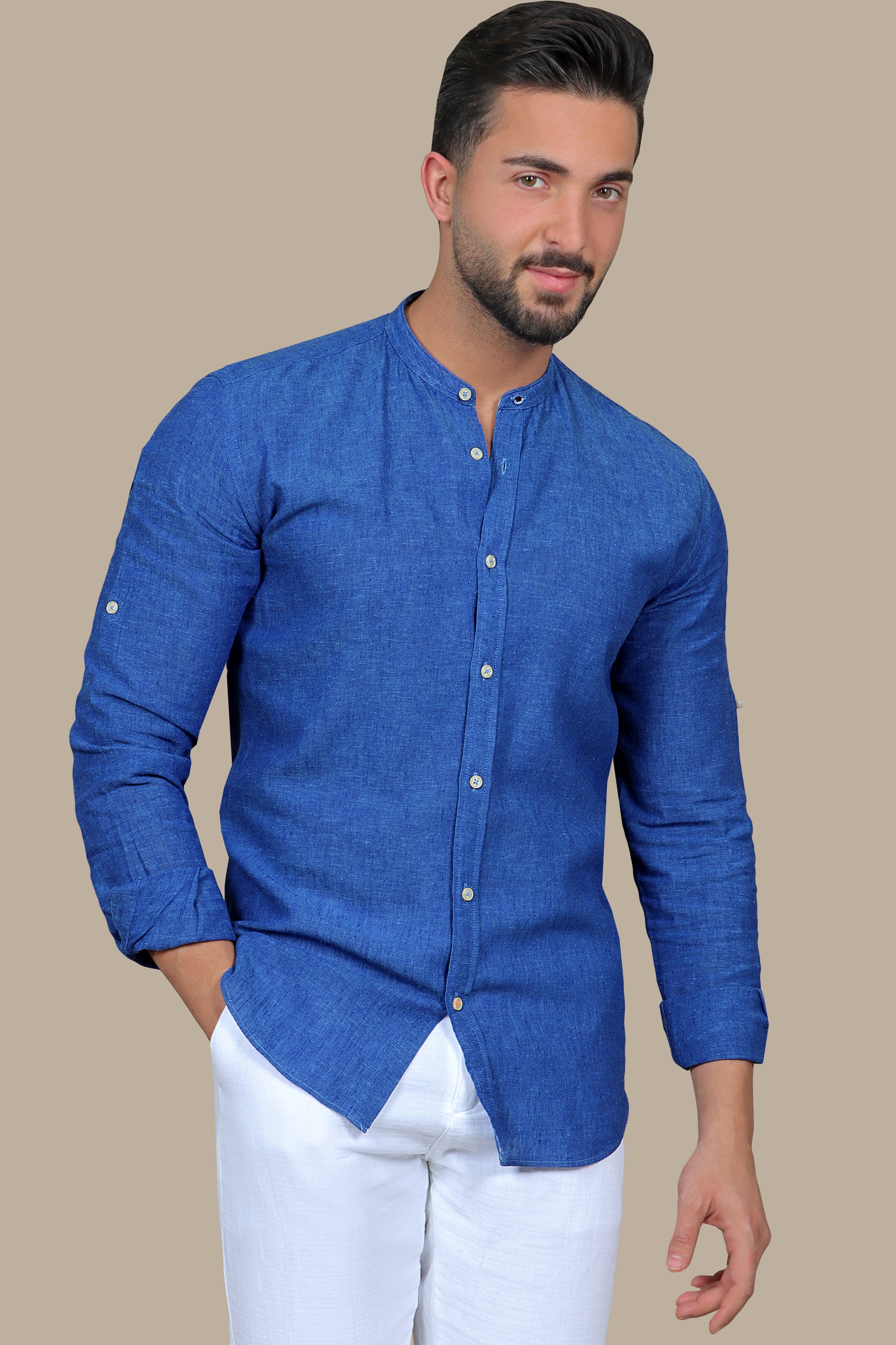 Shirt Linen Col Mao Inside Print | Indigo