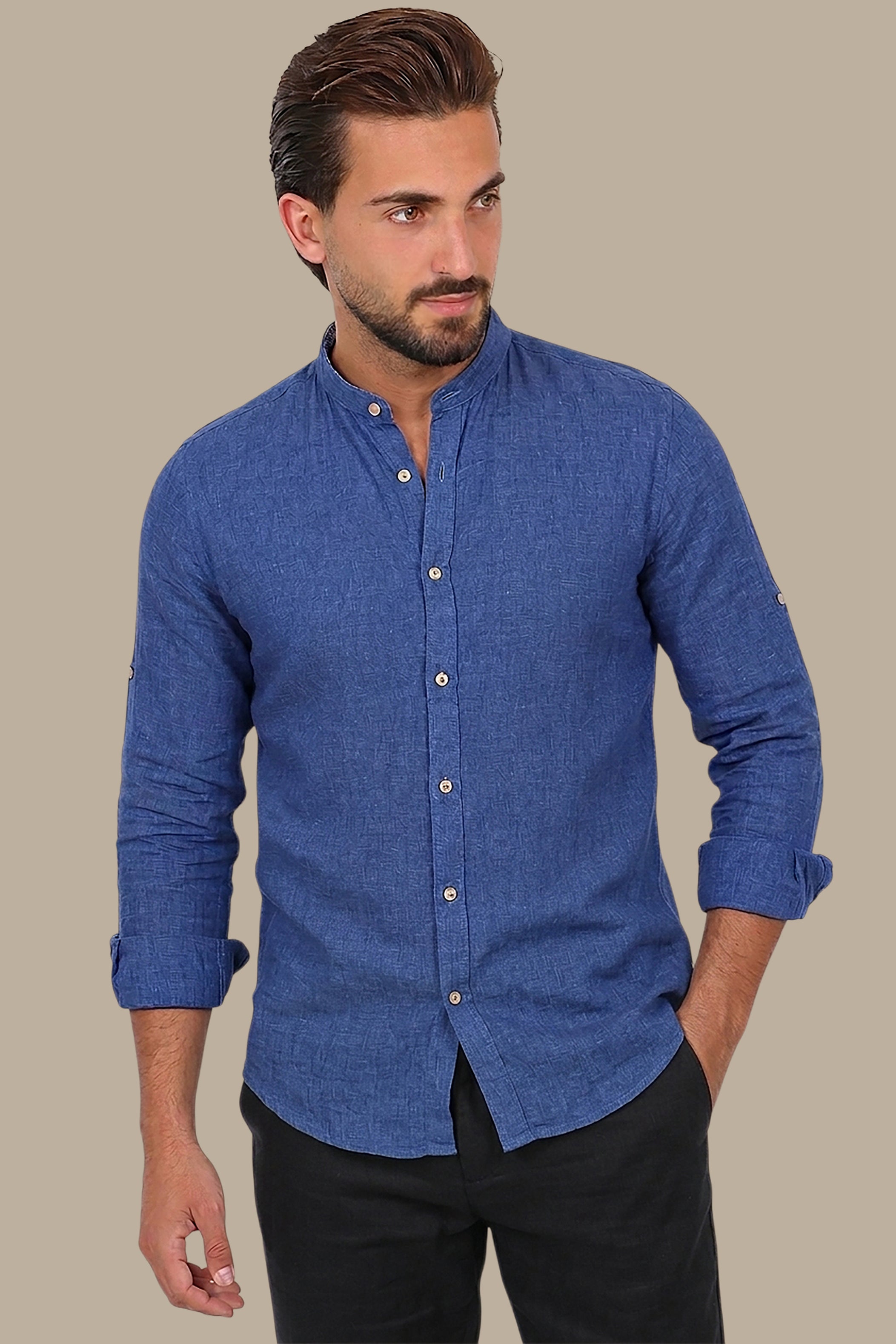 Shirt Linen Col Mao Inside Print | Indigo