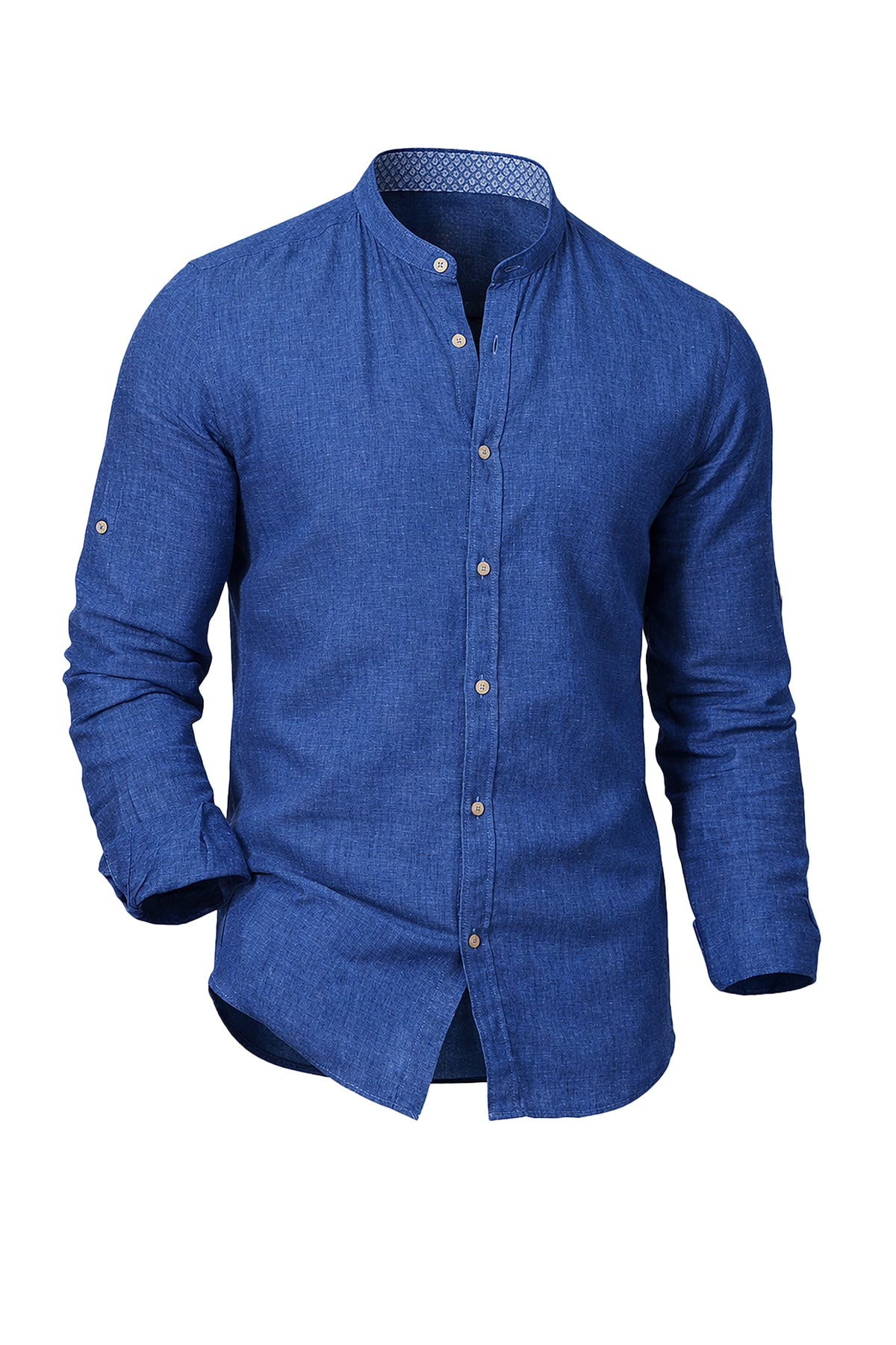Linen Mao Collar Shirt with Printed Inner Collar