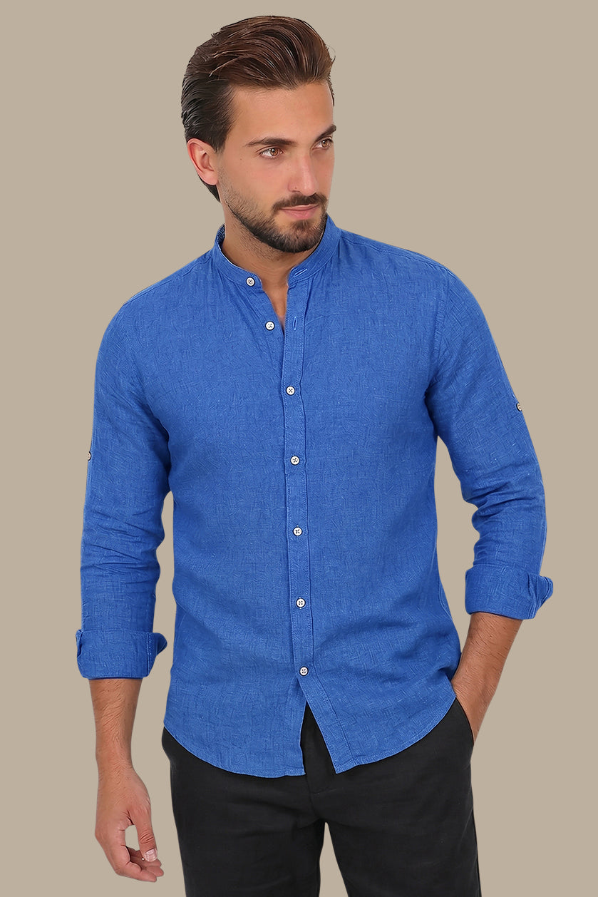 Shirt Linen Col Mao Inside Print | Indigo
