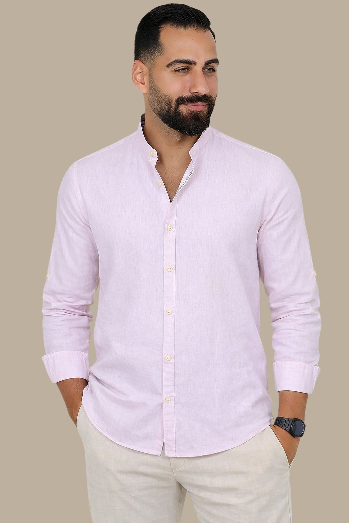 Linen Mao Collar Shirt with Printed Inner Collar